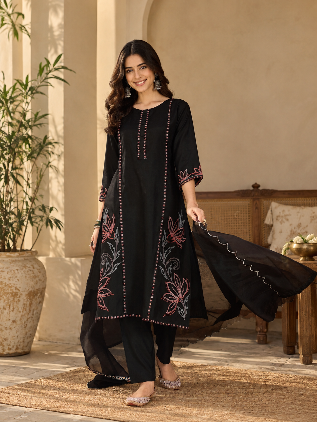 Women Black Roman Silk Embroidery Kurta Set