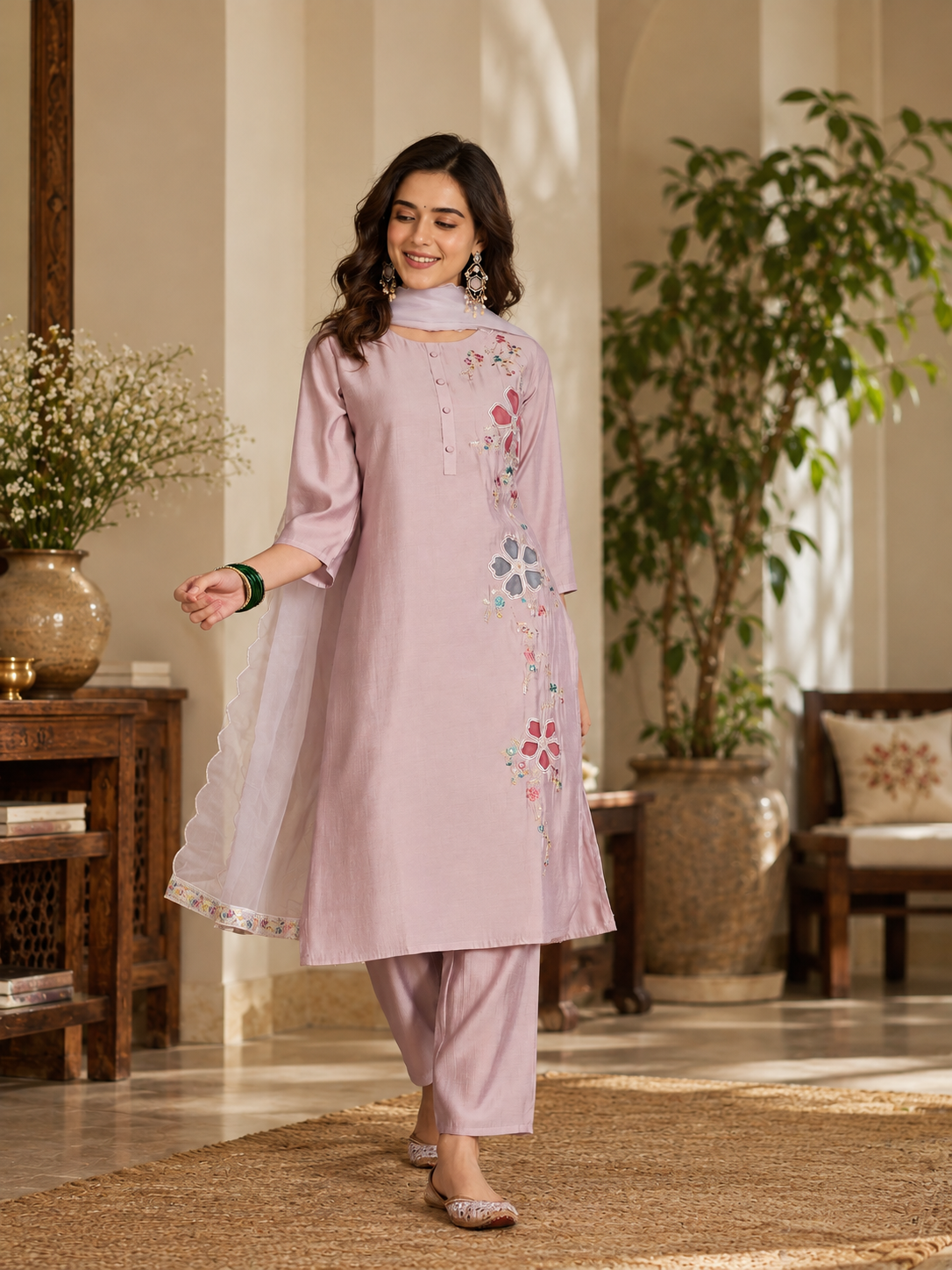 Women Mauve Roman Silk Embroidery Kurta Set