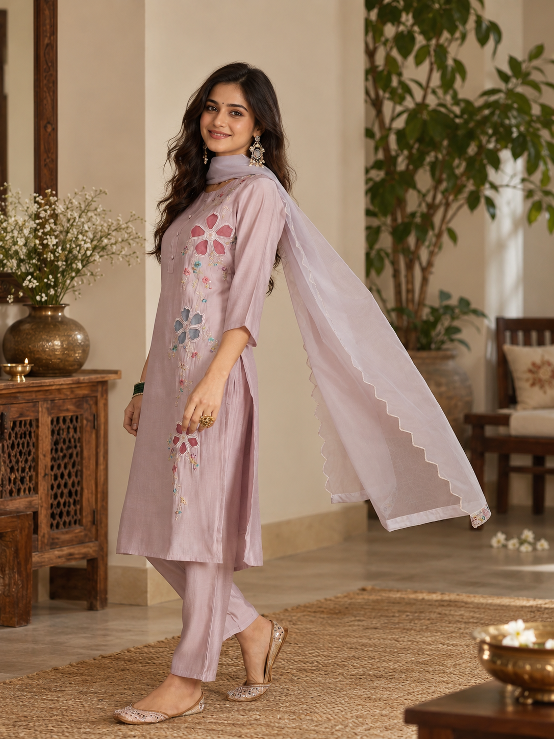 Women Mauve Roman Silk Embroidery Kurta Set