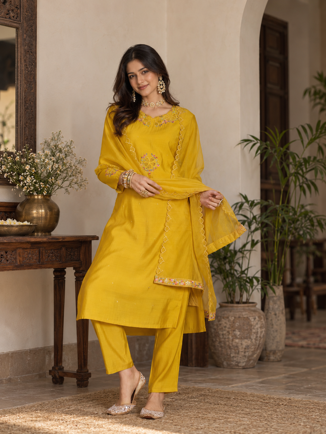 Women Yellow Roman Silk Embroidery Kurta Set