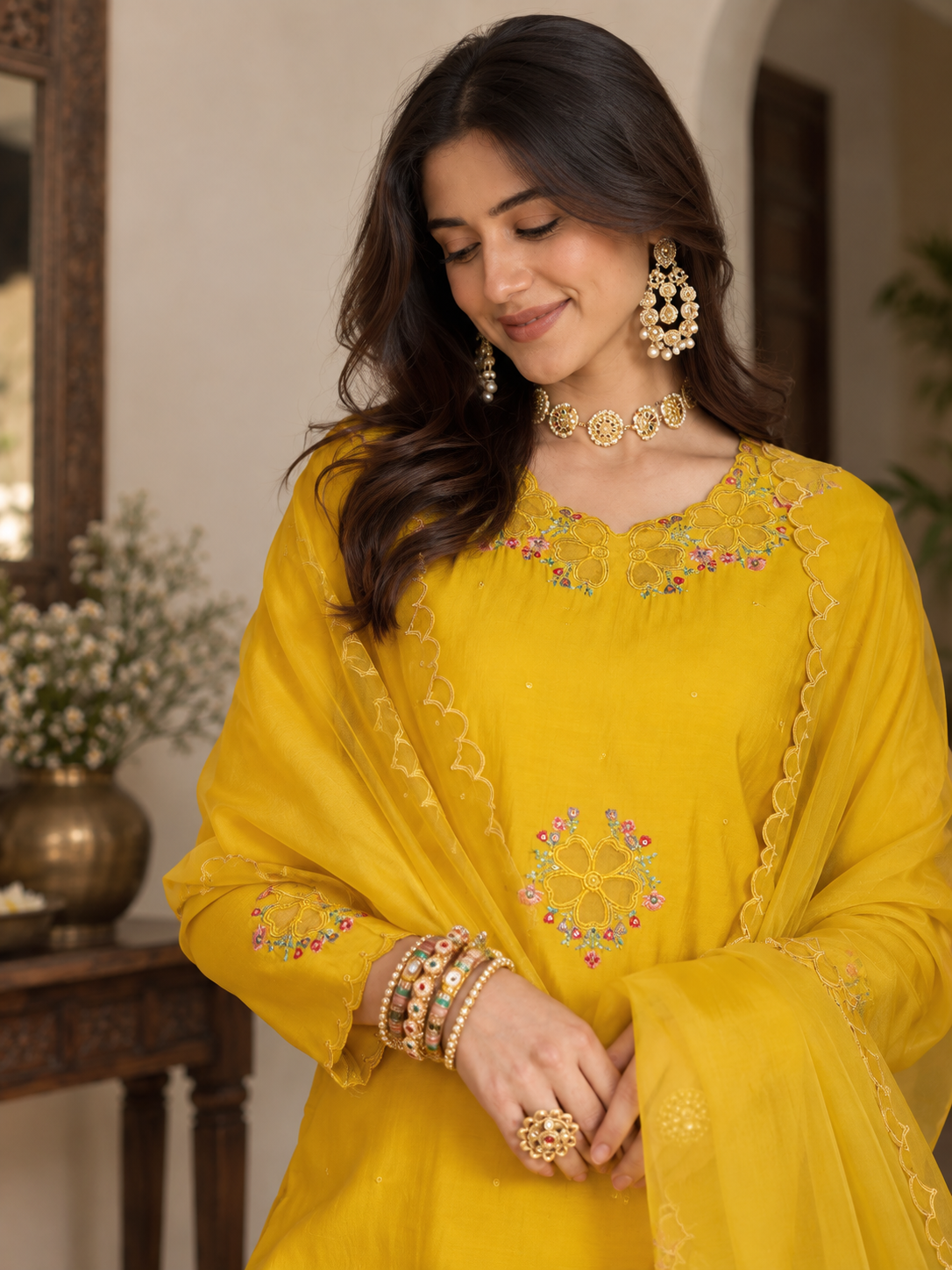 Women Yellow Roman Silk Embroidery Kurta Set