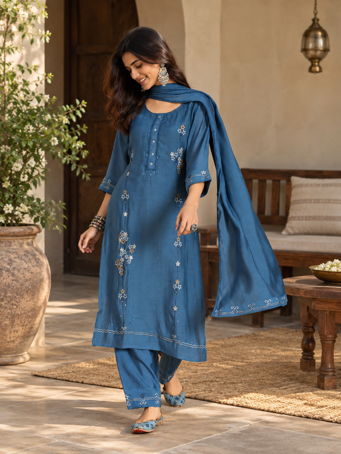 Women Blue Mull Chanderi Embroidery Kurta Set