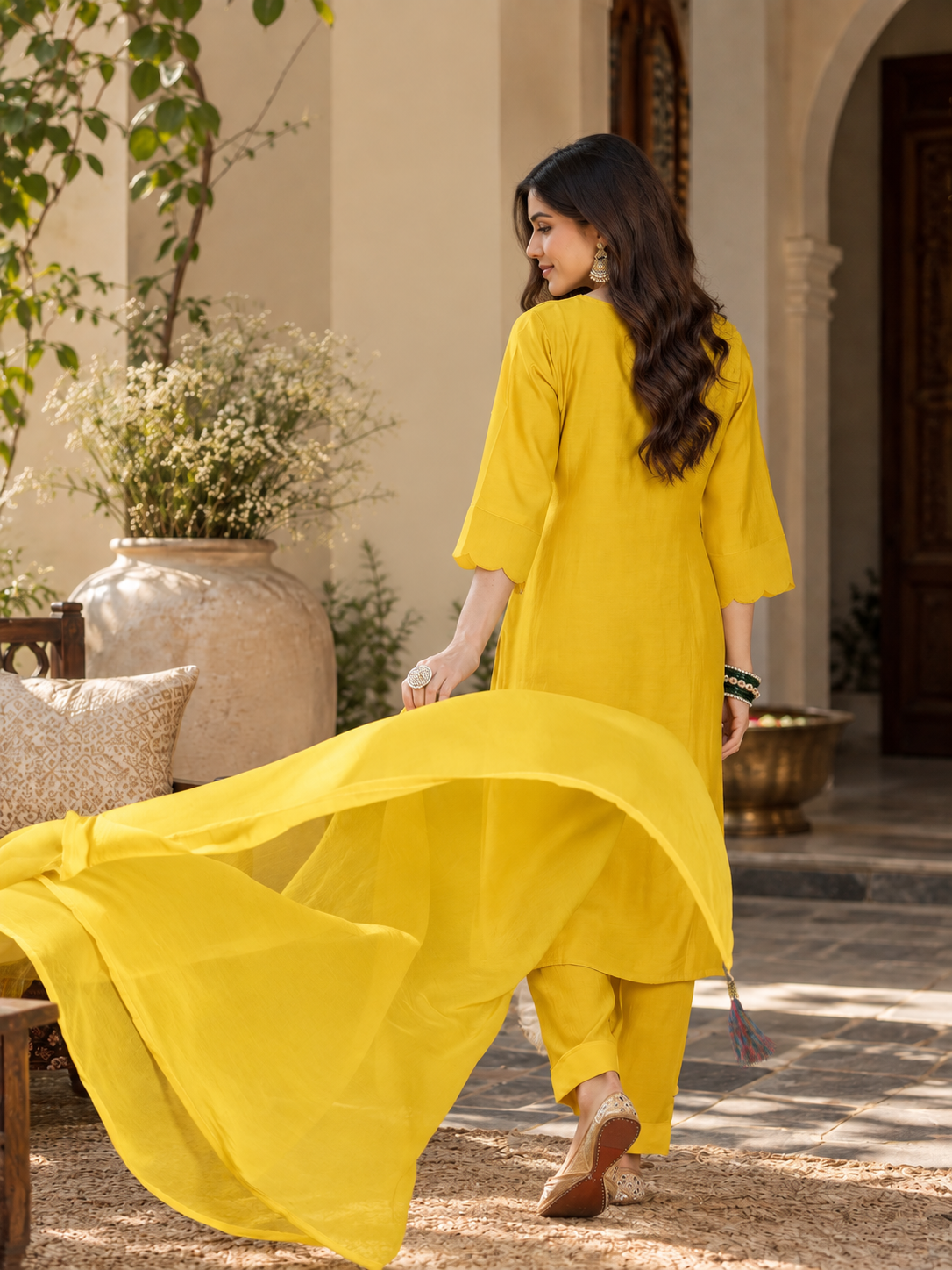 Women Mustard Silk Embroidery Kurta Set