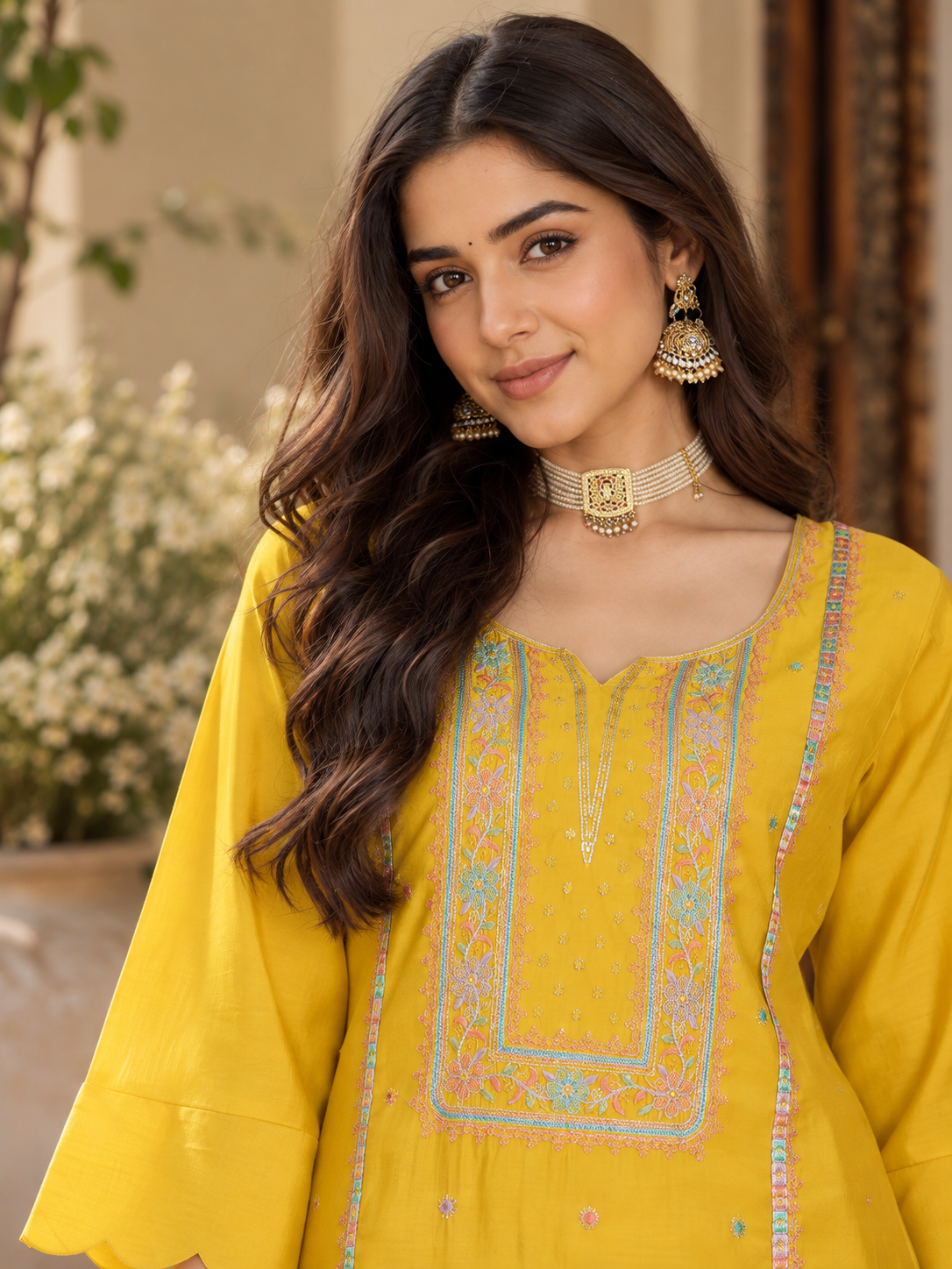 Women Mustard Silk Embroidery Kurta Set
