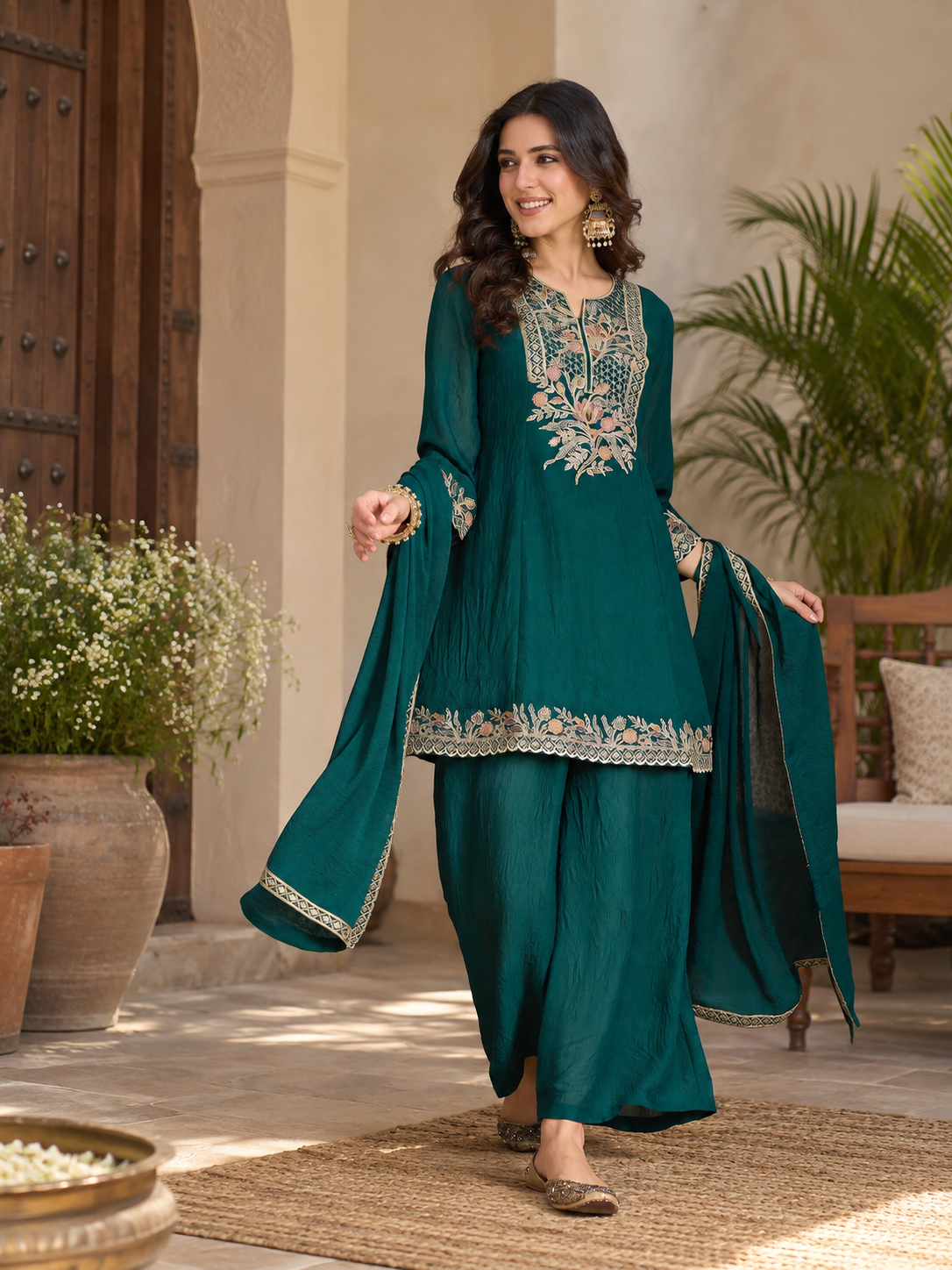 Women Green Silk Embroidered Kurta Set
