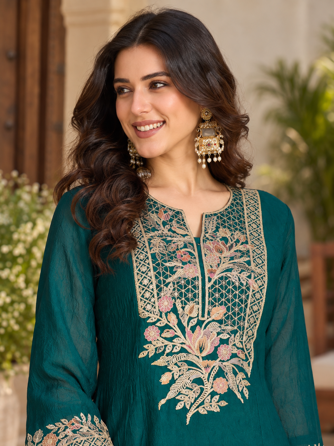 Women Green Silk Embroidered Kurta Set