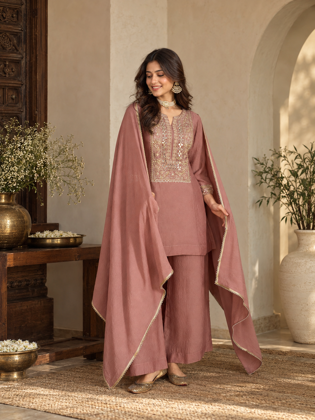 Women Mauve Silk Embroidered Kurta Set