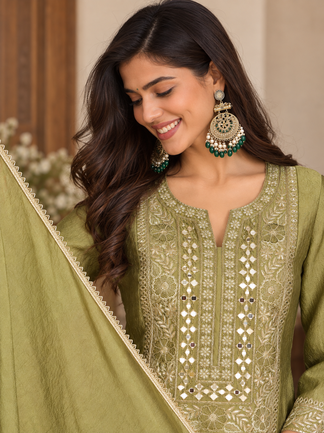 Women Green Silk Embroidered Kurta Set