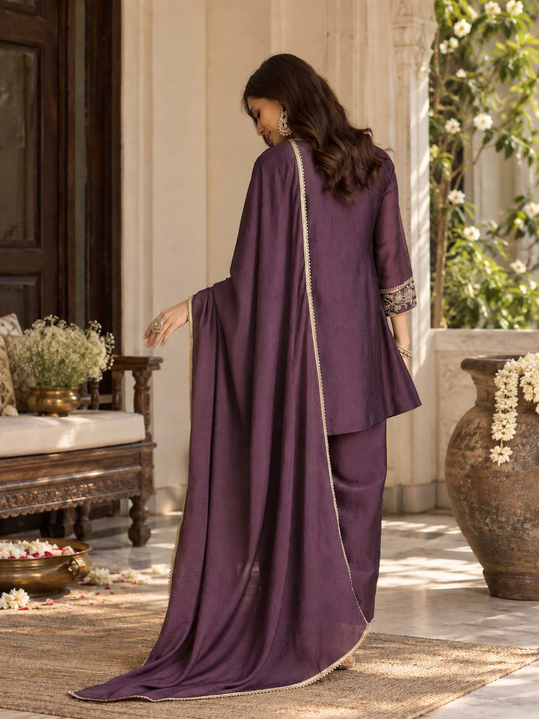 Women Purple Silk Embroidered Kurta Set