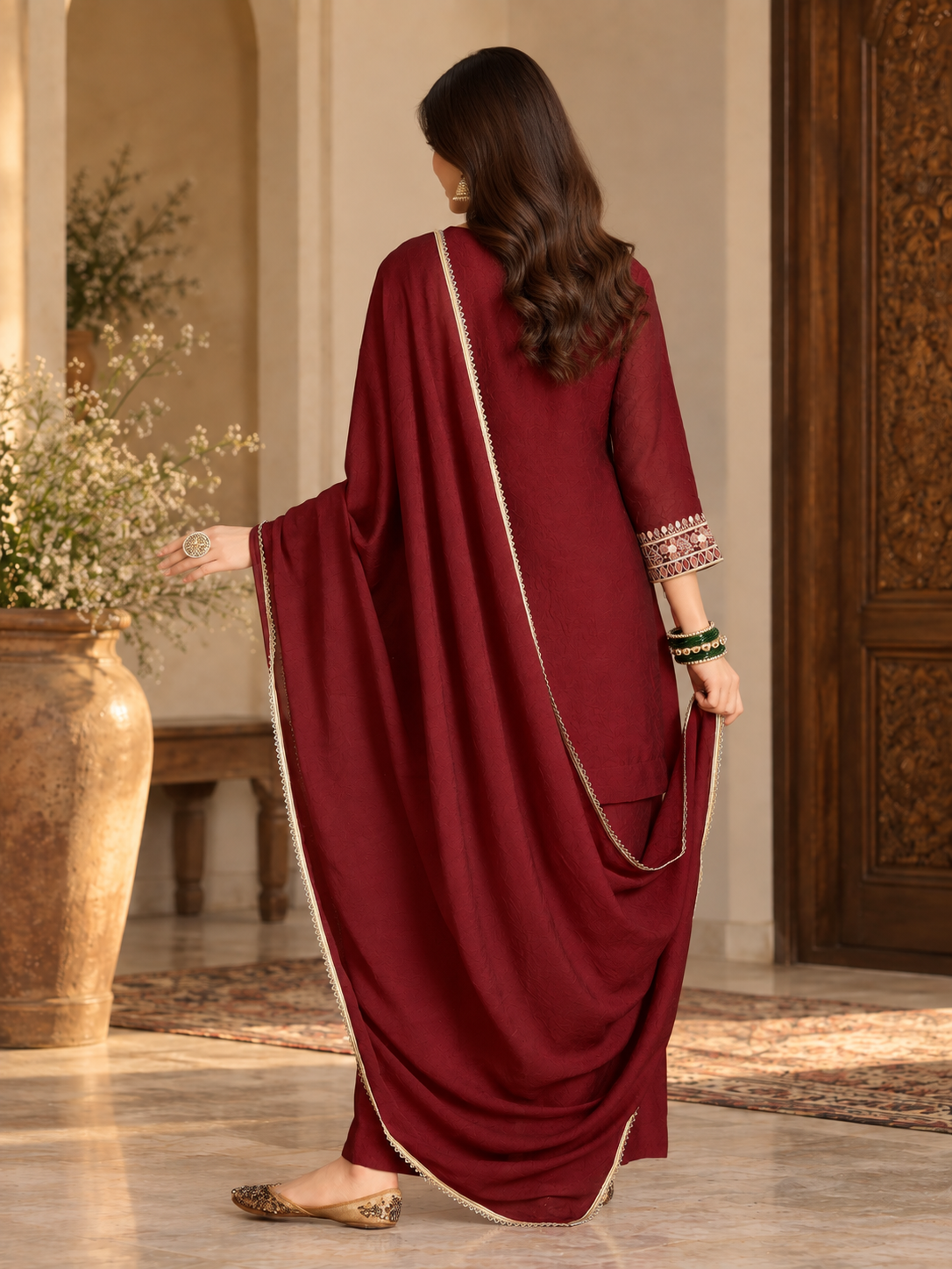 Women Maroon Silk Embroidered Kurta Set