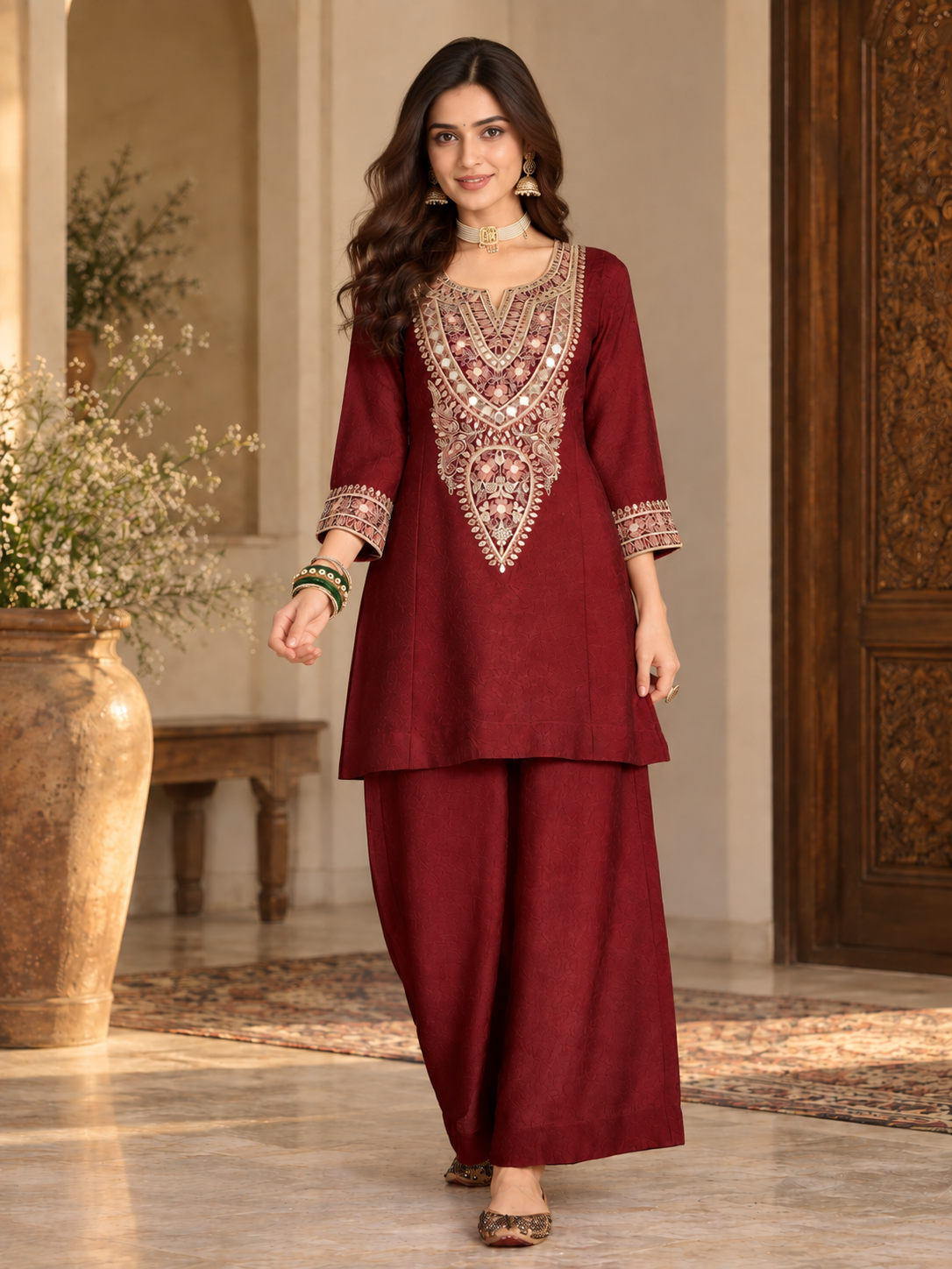Women Maroon Silk Embroidered Kurta Set