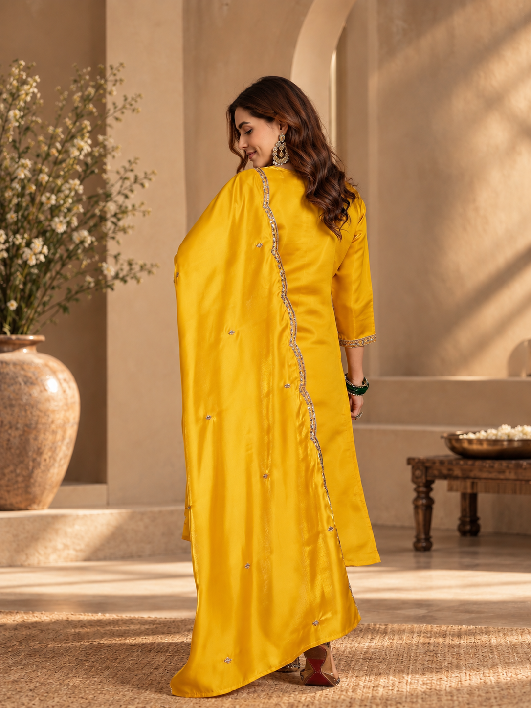 Women Mustard Glass Roman Embroidery Kurta Set