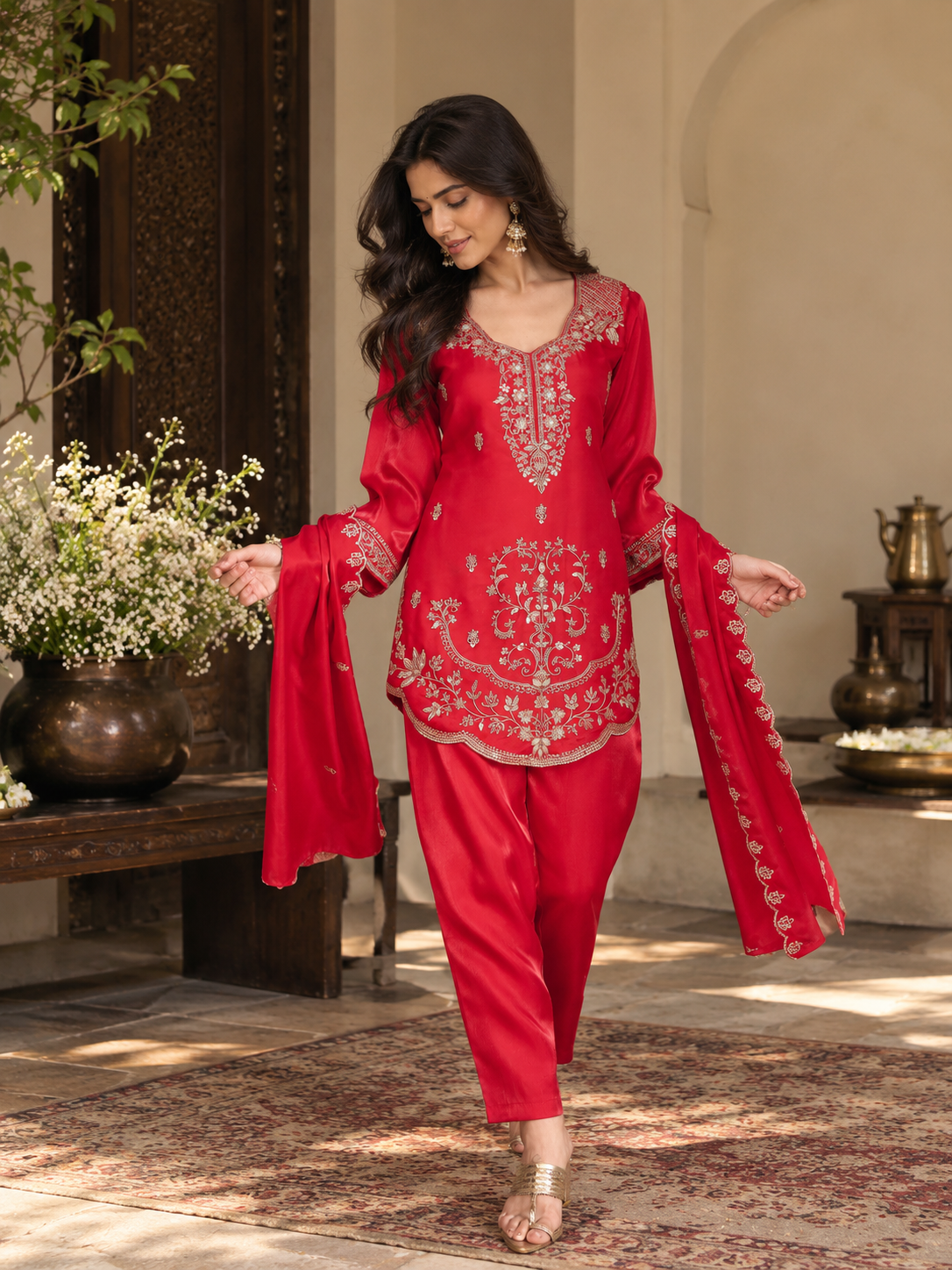 Women Fuchsia Pink Glass Roman Embroidery Kurta Set