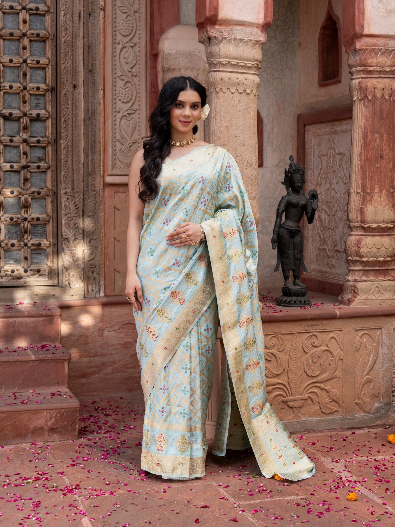 Sky Blue Pure Monga Silk Banarasi Ghatchola Handloom Saree
