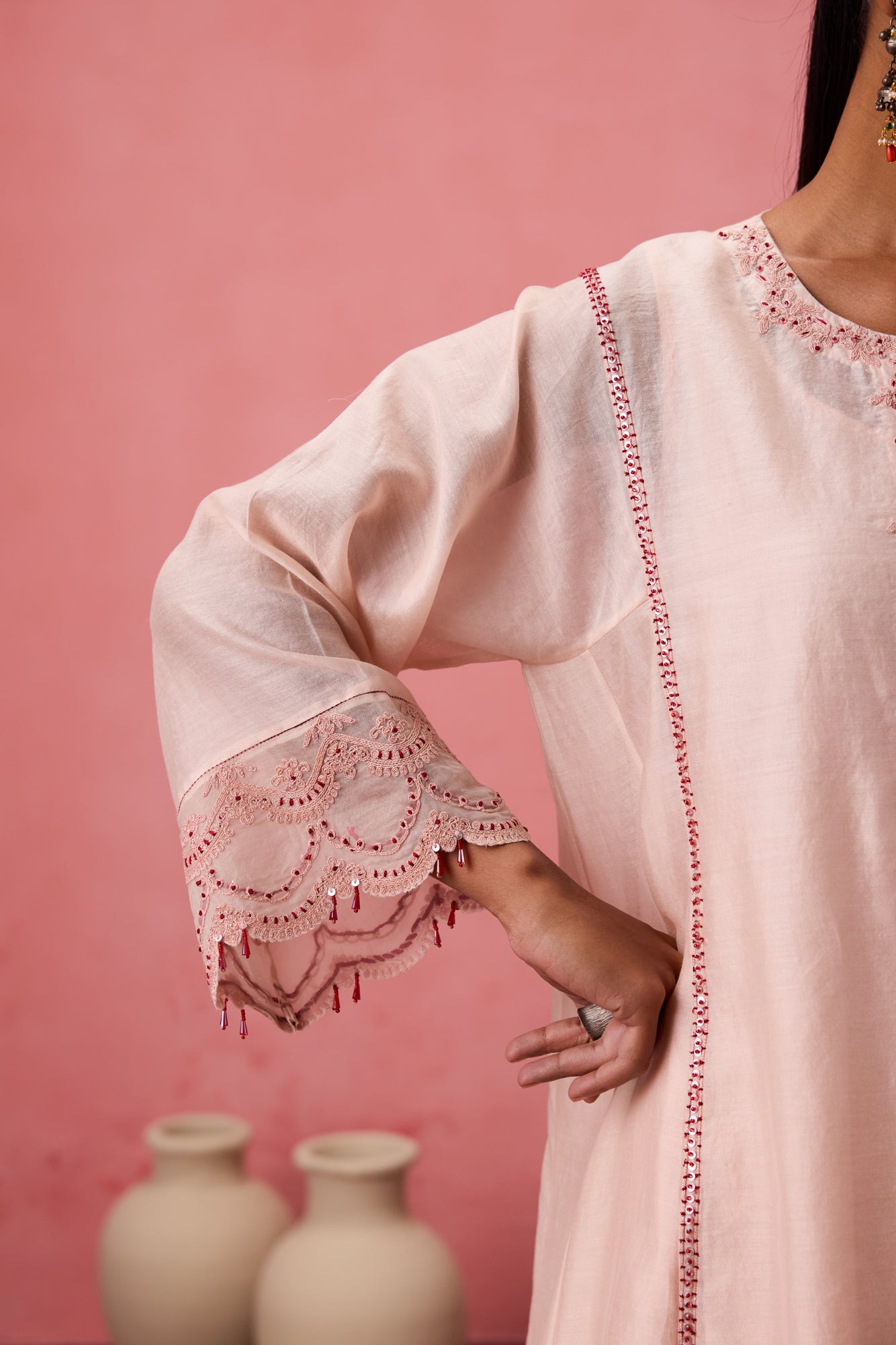 Cozy peach chanderi dori work and resham embroidered kurta paired with organic cotton slip, pant & organza dupatta