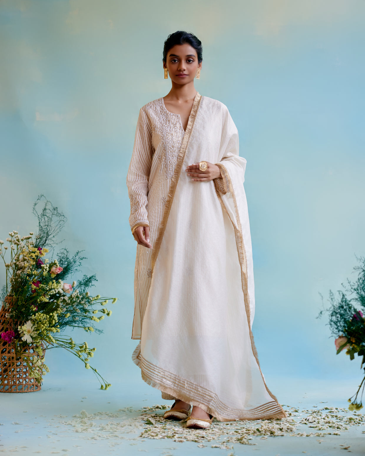 Gold Zari Crushed Stripe Tissue Kurta with Narrow Pants