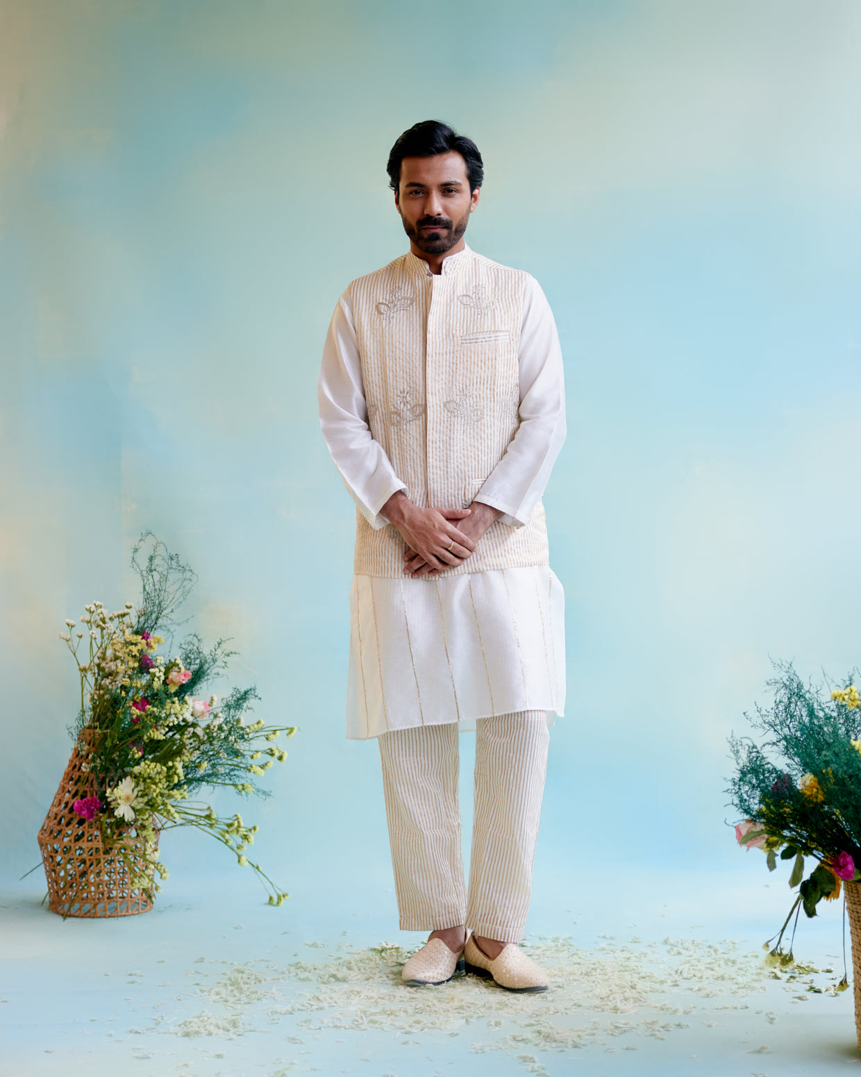 Ivory Lilac Chanderi Gota Kurta with Crushed Stripe Tissue Narrow Pants