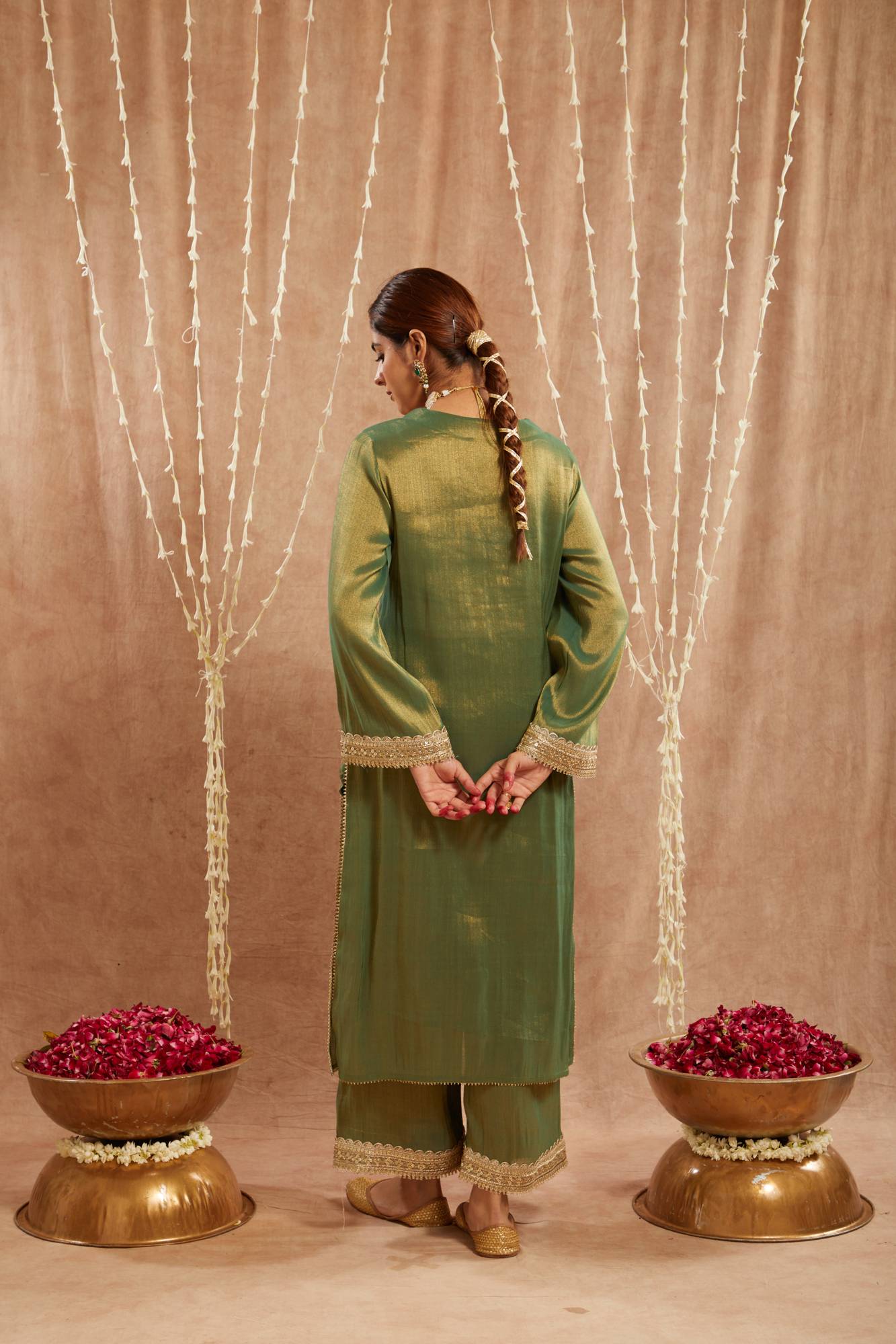 Green Sequins Gota Tissue Kurta with
Wide Leg Pants