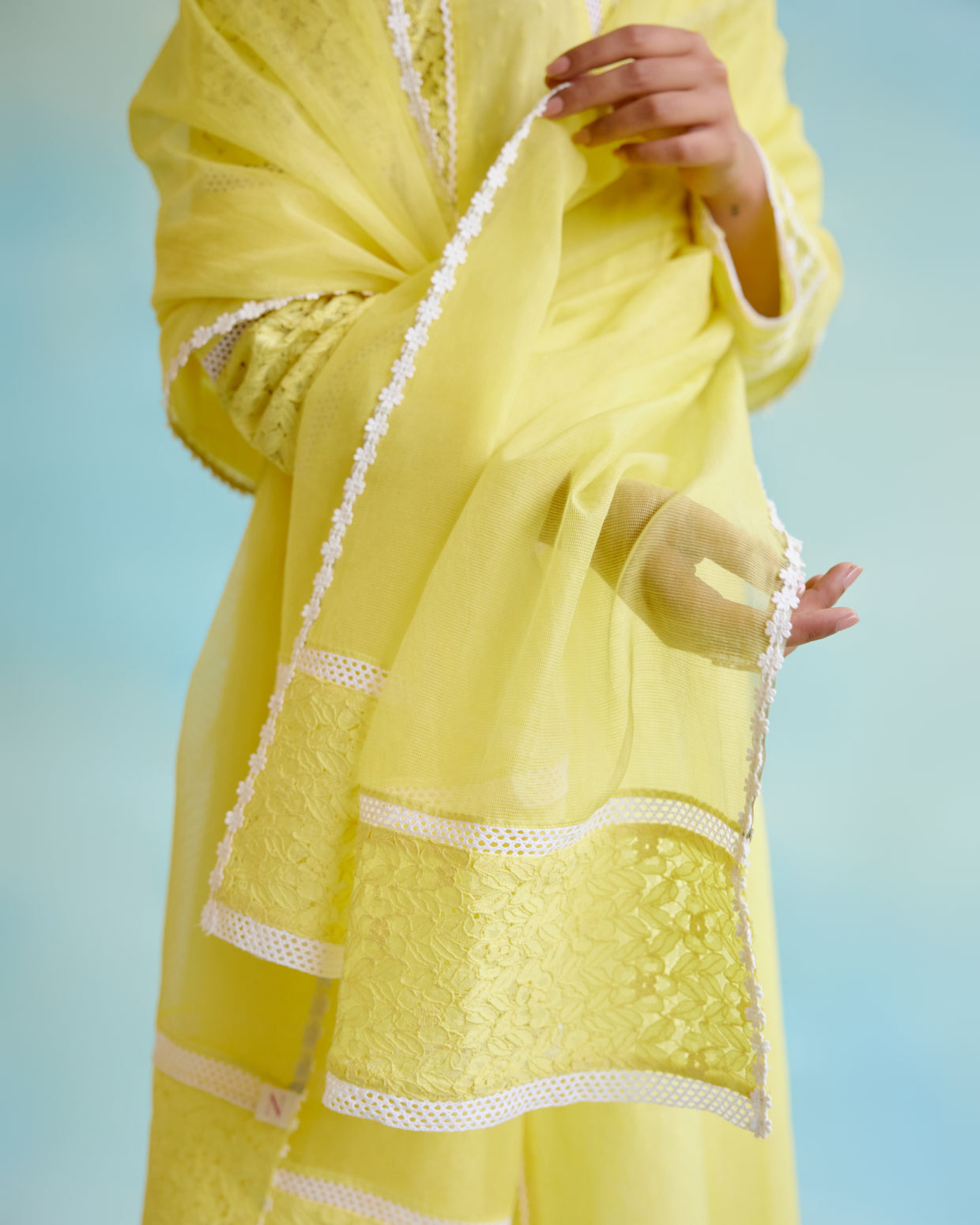 Daylily Kurta in Cotton Dobby and Schiffli fabric with Delicate Lace Detaling