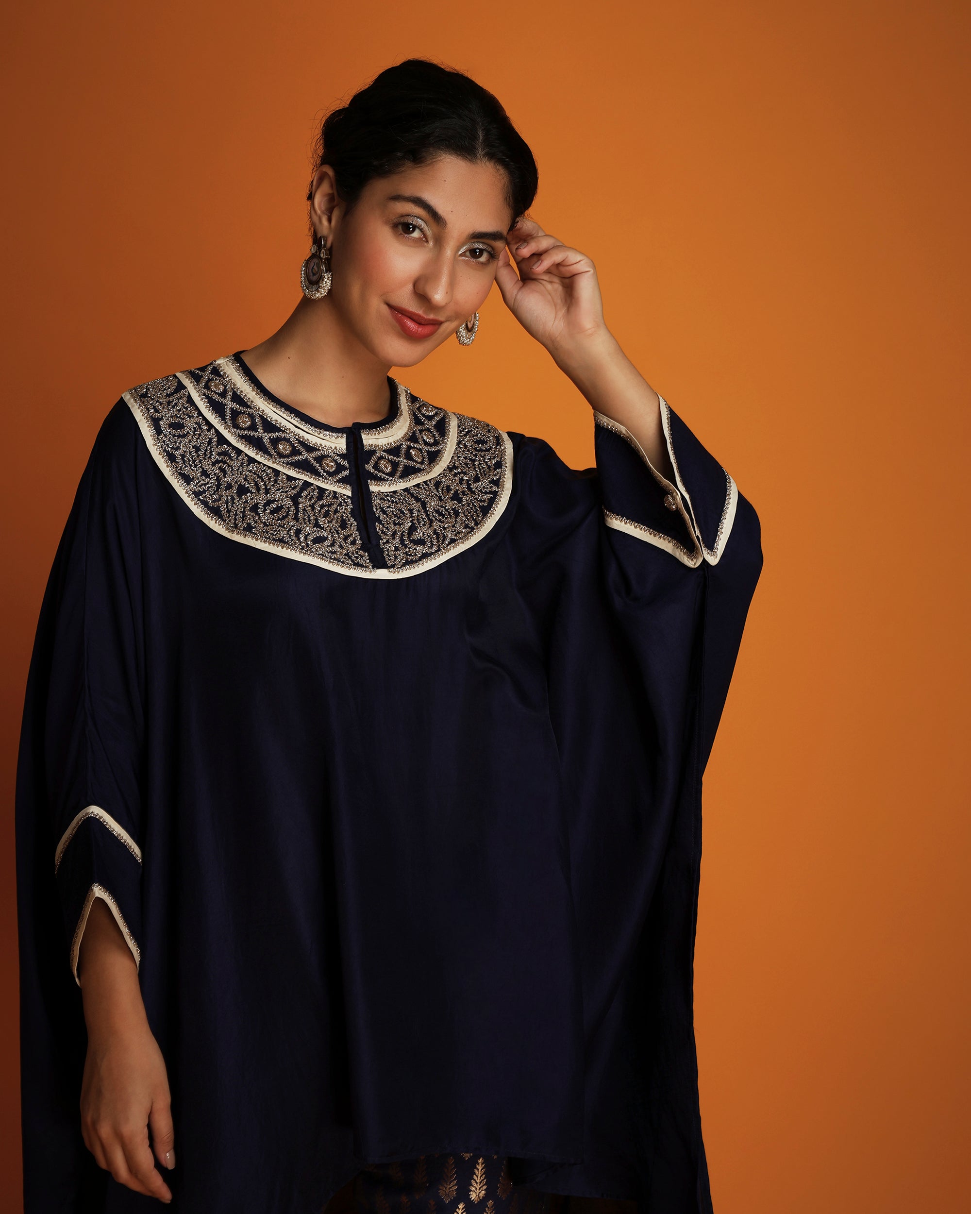 Indigo embroidered kaftan tunic