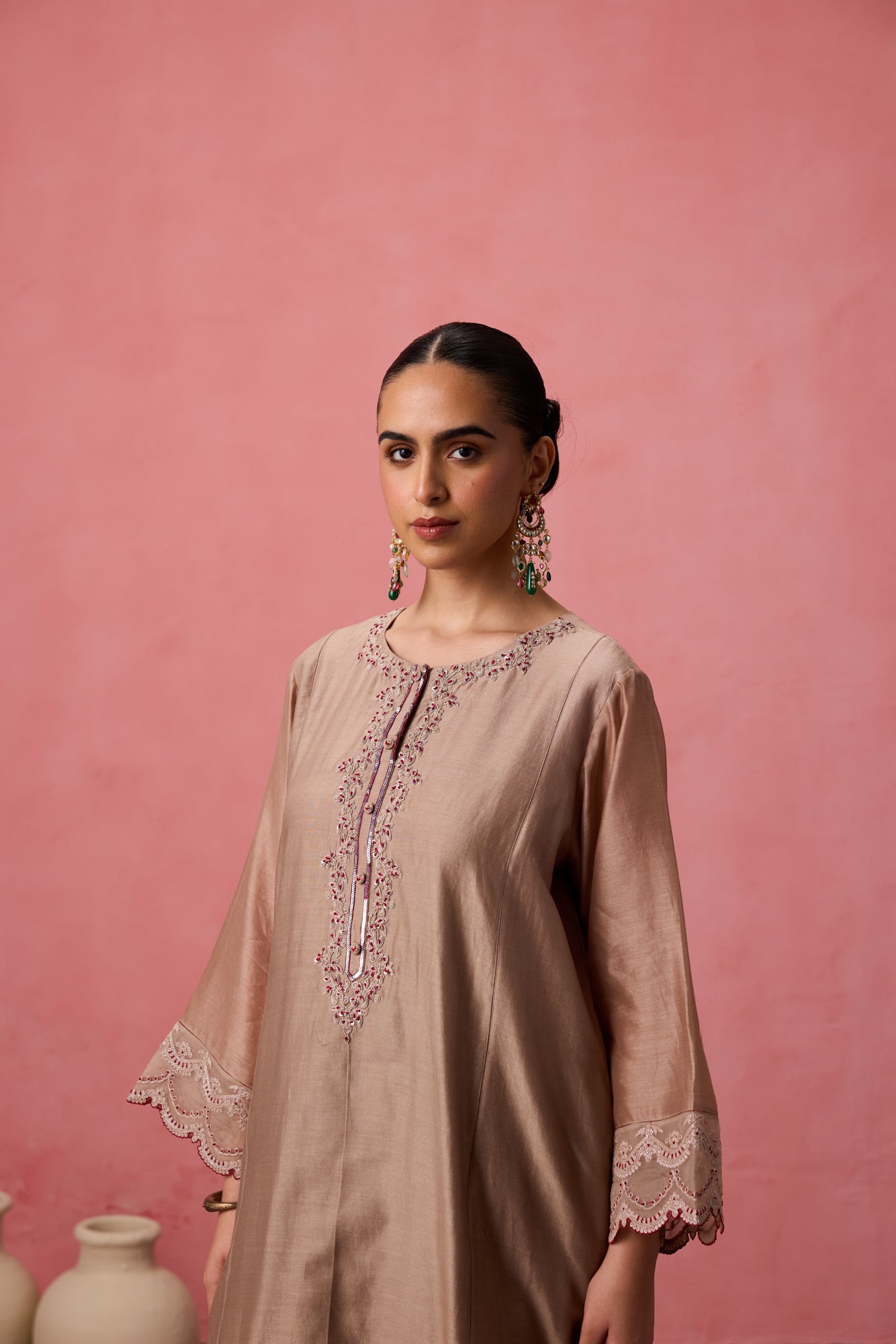 Champagne chanderi dori work and resham embroidered kurta paired with pant & organza dupatta