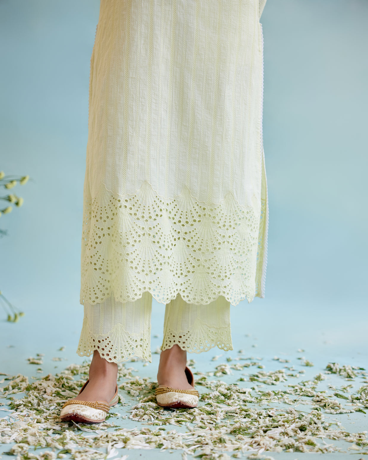 Yellow Petal Kurta in Cotton Dobby with Lace Detaling and Scallop Sleeves