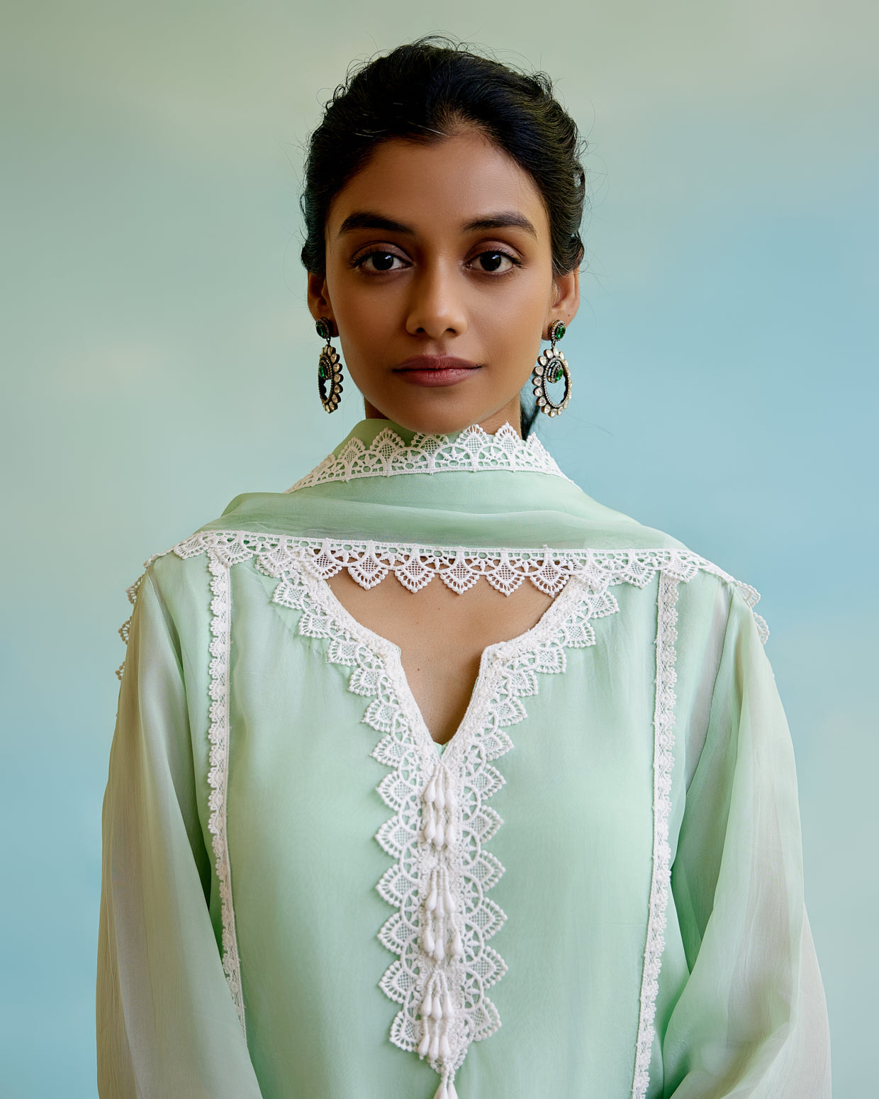 Mint Frost Organza Anarkali Kurta with Lace Detailing