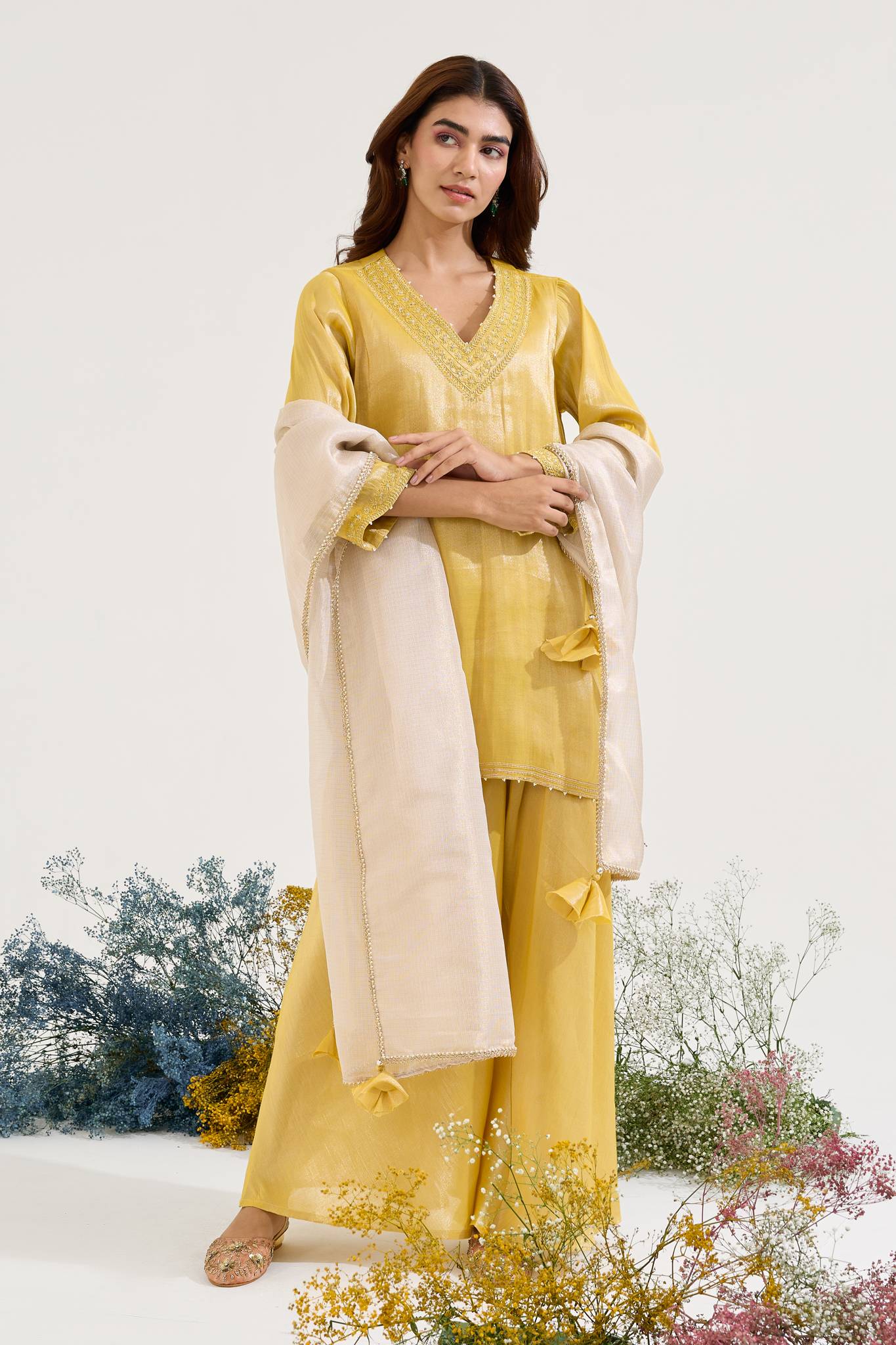 Old Yellow Charm Tissue Kurta with Sharara - Set of 2