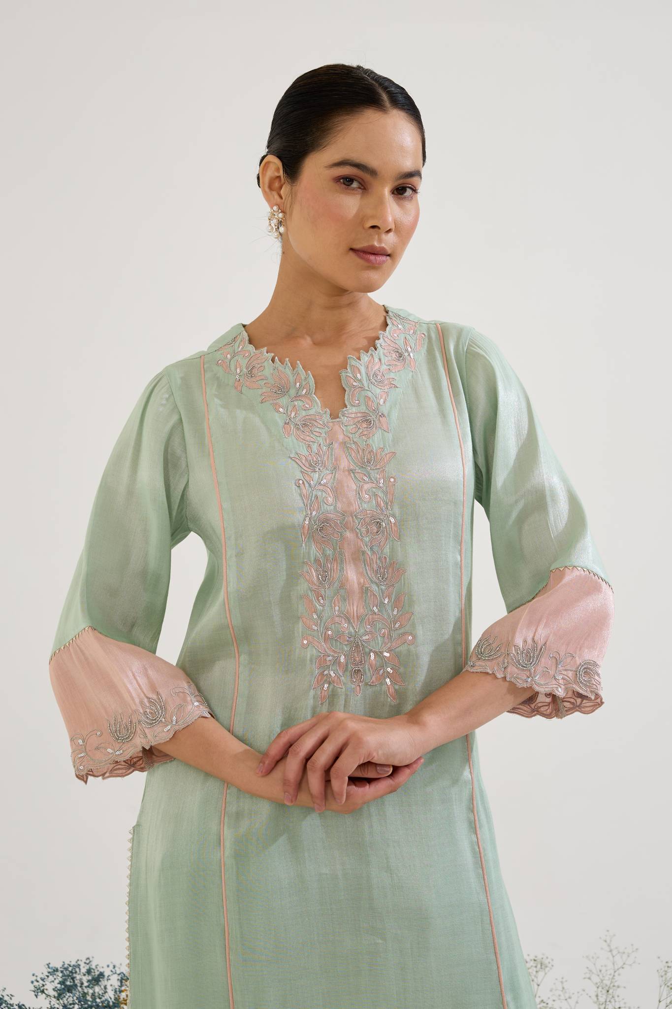 Mint Lotus Applique Tissue Kurta with Narrow Pants - Set of 2
