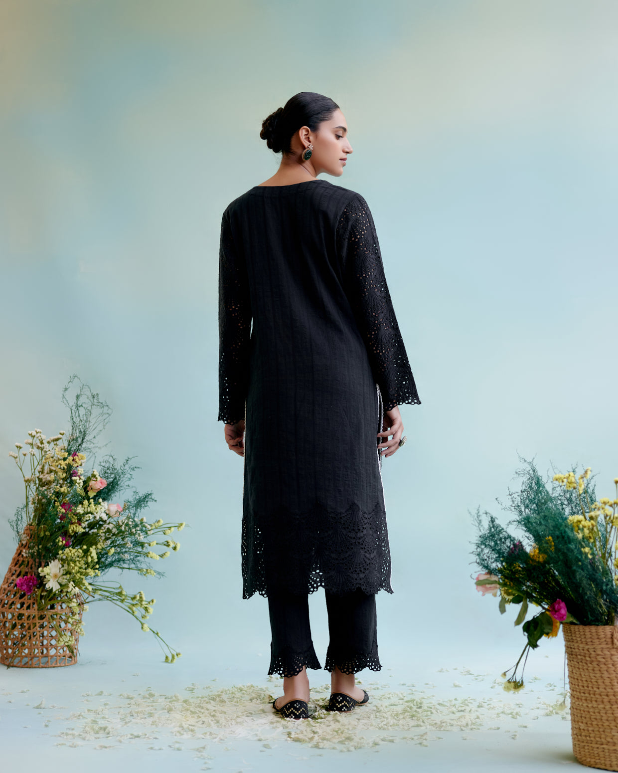 Black Blossom Kurta in Cotton Dobby with Lace Detaling and Scallop Sleeves