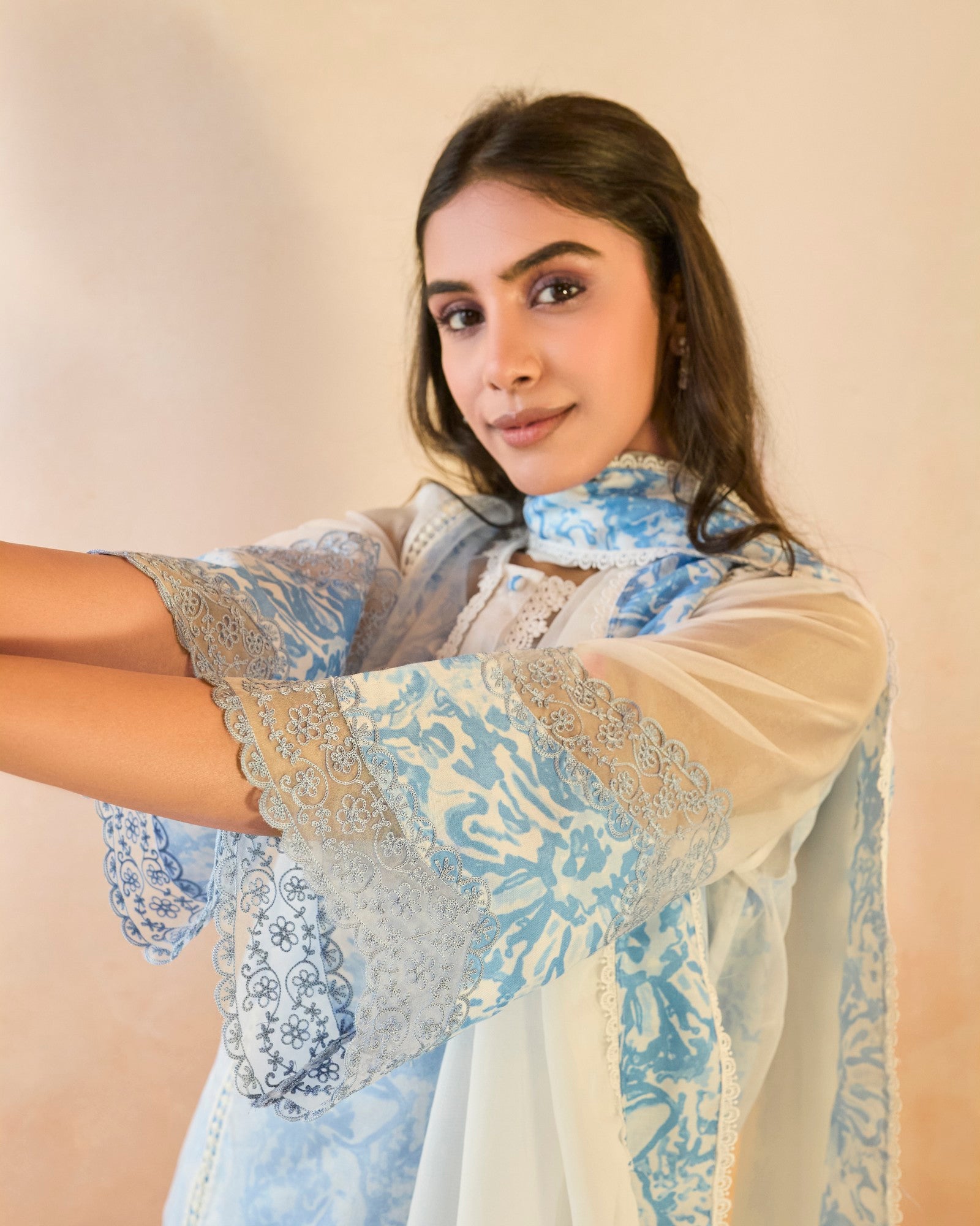 Sky Floral Embroidered Organza Slip Kurta with Narrow Pants
