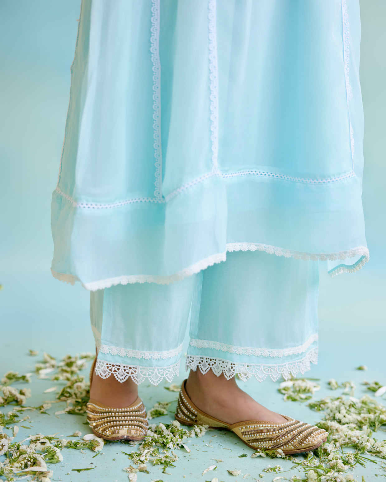Dreamy Blue Organza Anarkali Kurta with Lace Detailing