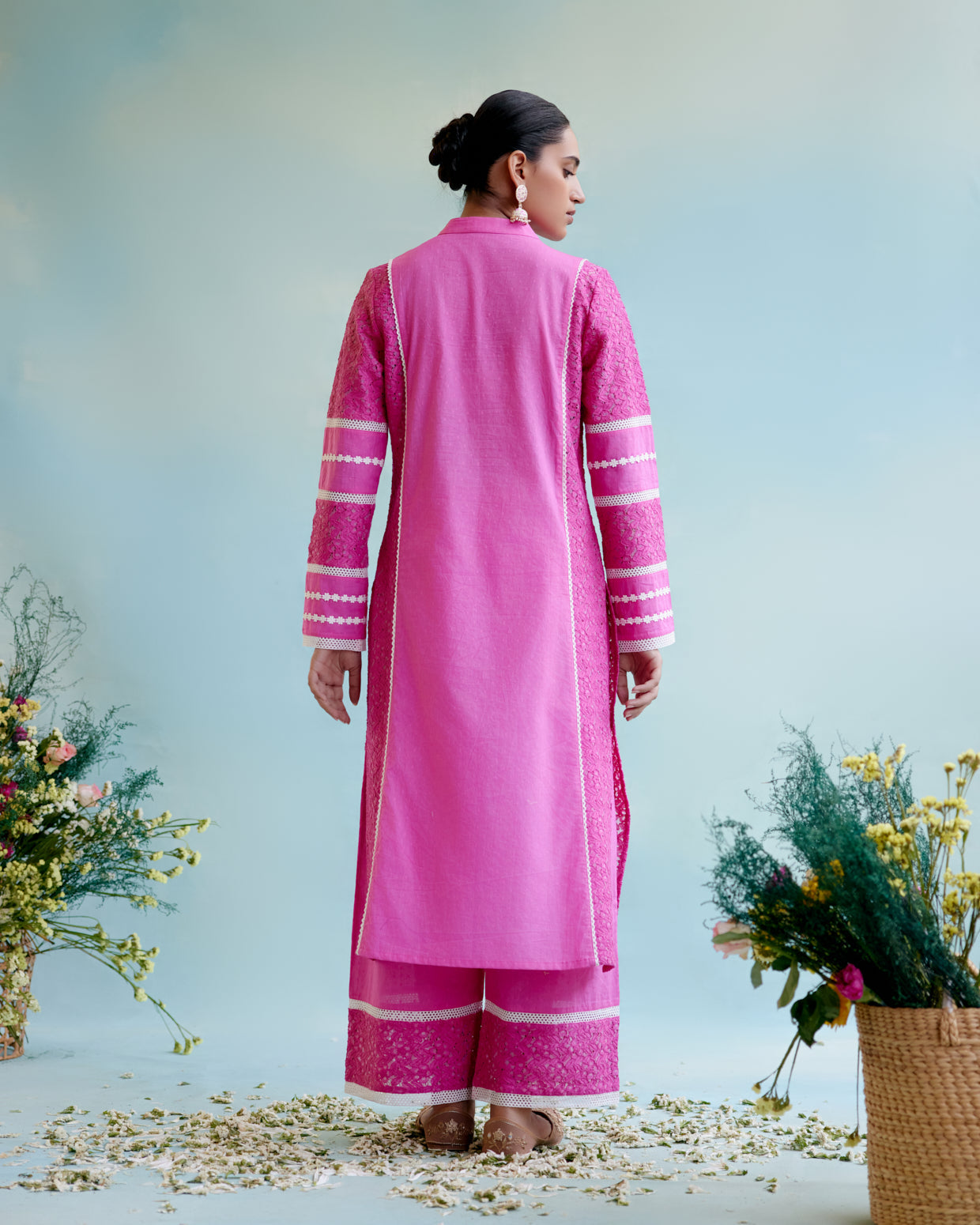 Neon Pink Kurta in Cotton Dobby and Schiffli fabric with Delicate Lace Detaling