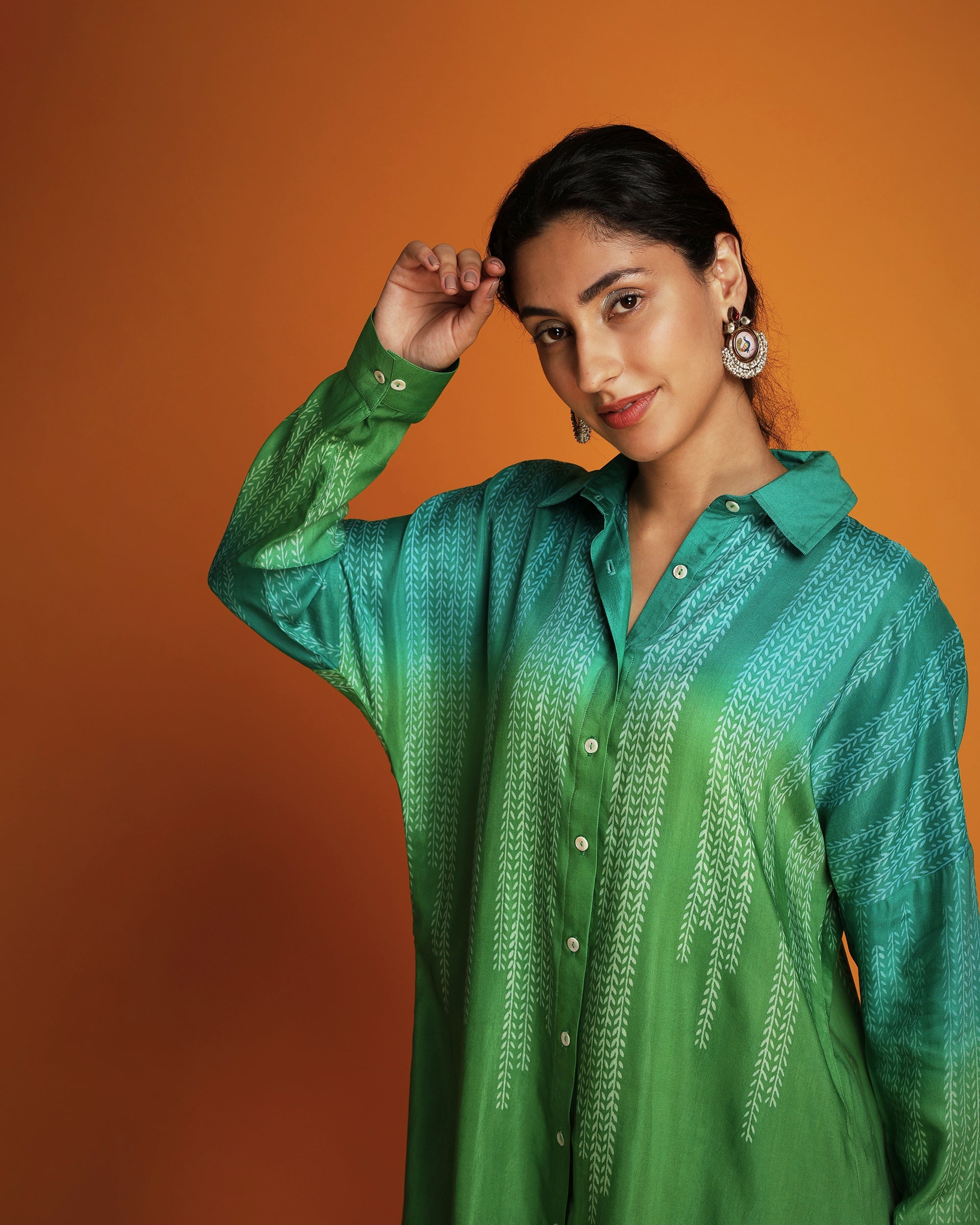 Green ombre block printed shirt tunic set