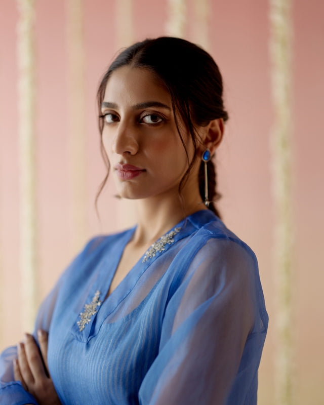 Sapphire Blue Kurta with Tissue Slip & Flared Pants - Set of 3