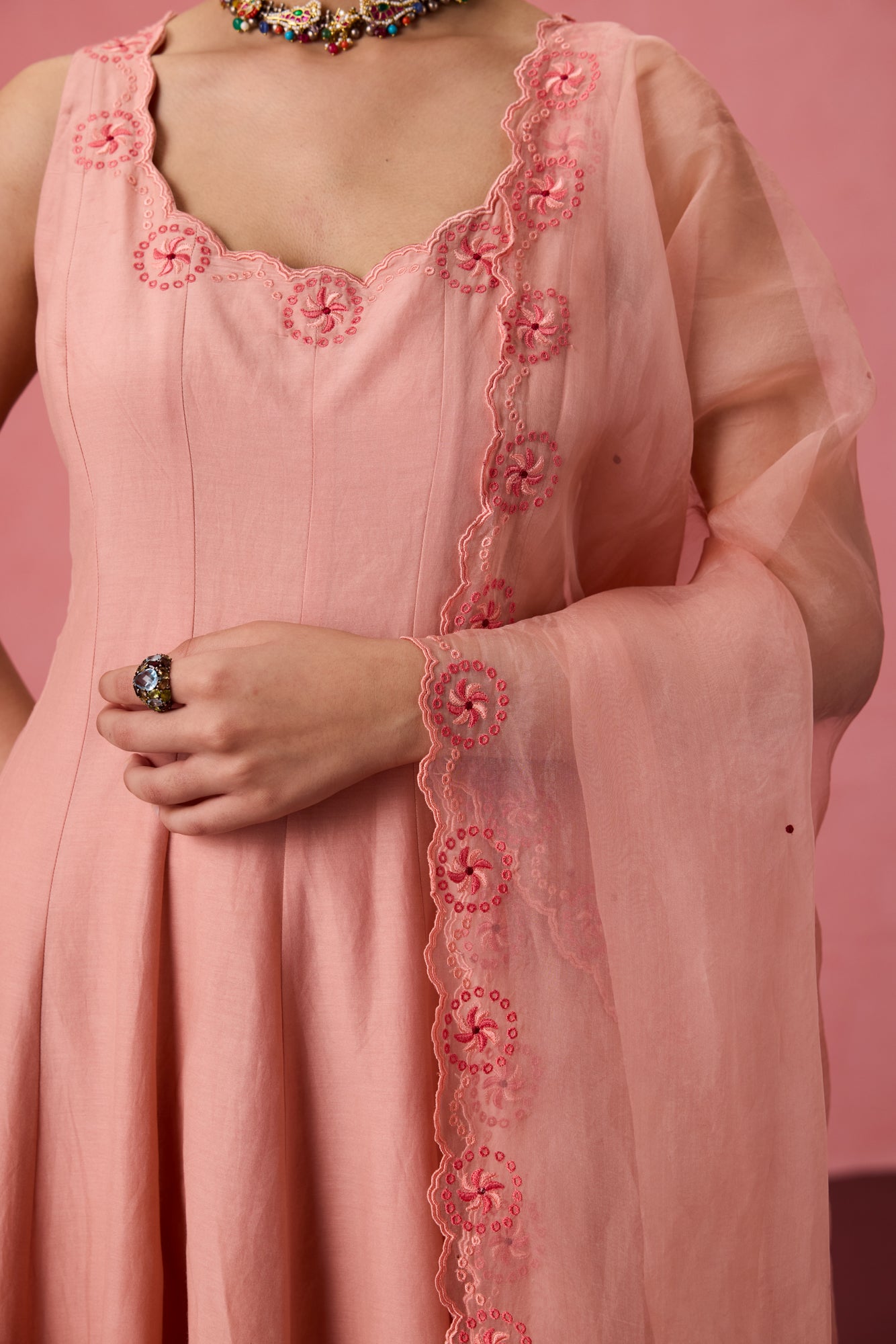 Peach cotton silk resham embroidered anarkali with pant & organza dupatta
