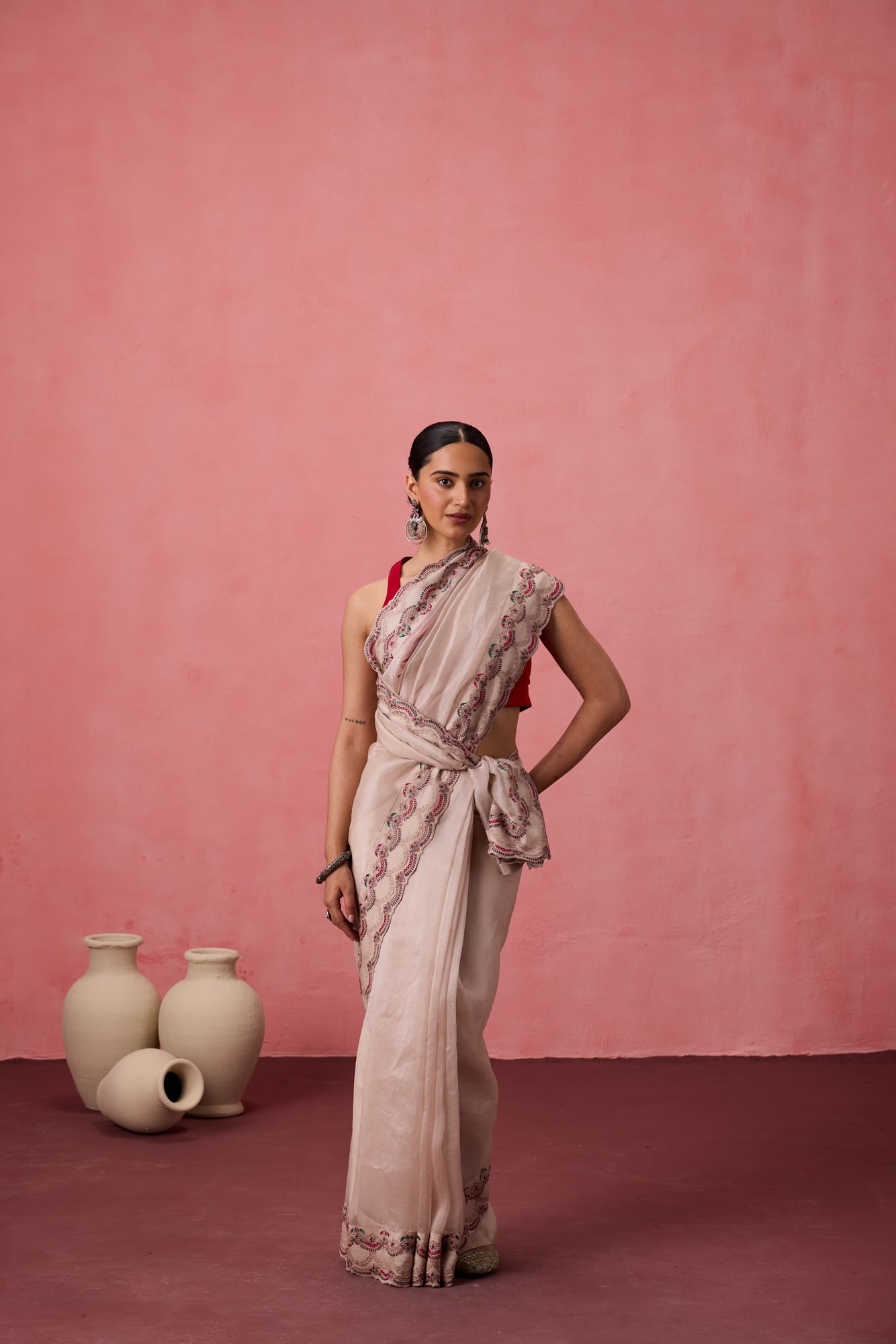 Classic white organza jaal embroidered saree comes with unstitched & unembroidered blouse fabric in chanderi