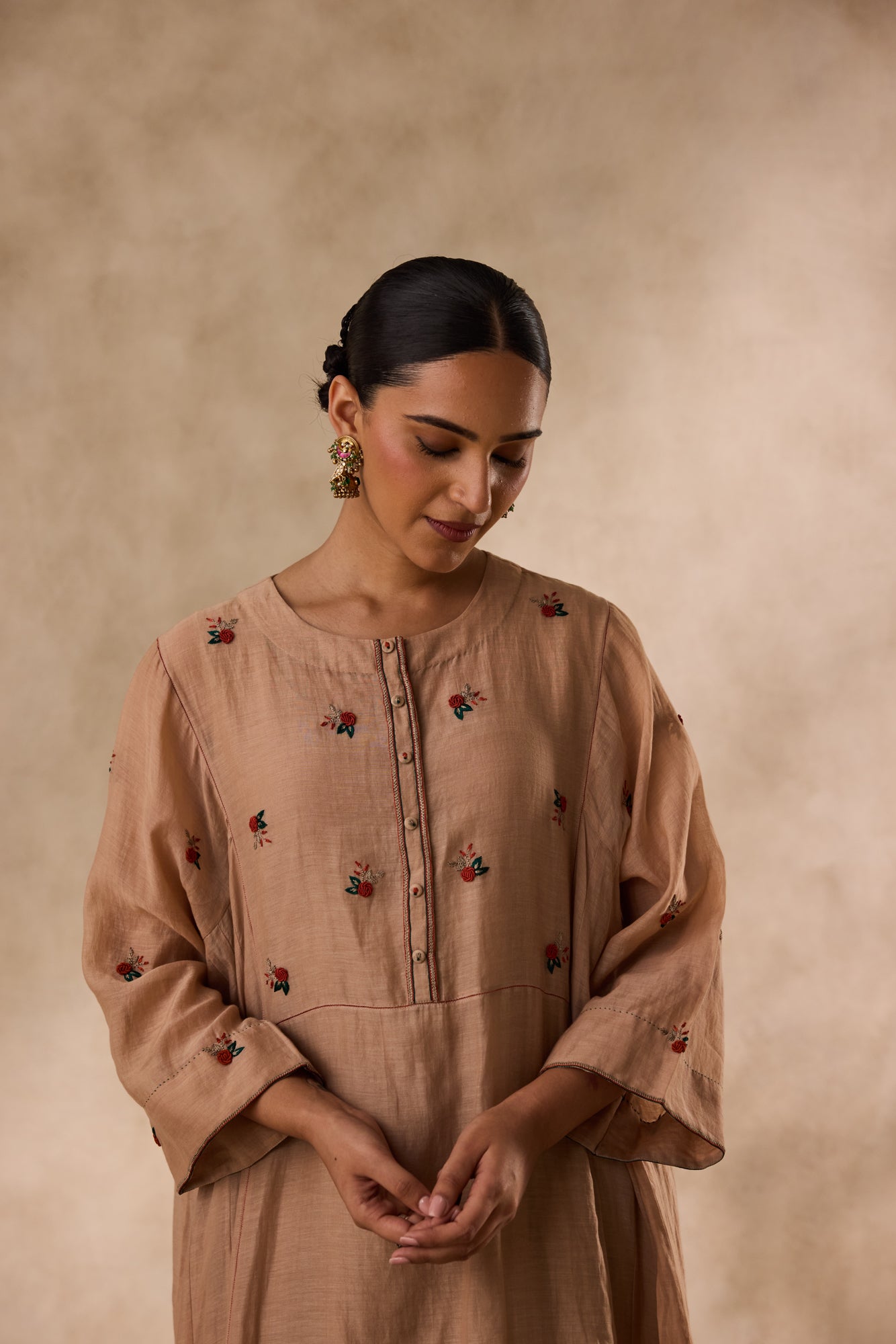 Champagne chanderi embroidered kurta paired with organic cotton slip, pant & organza dupatta