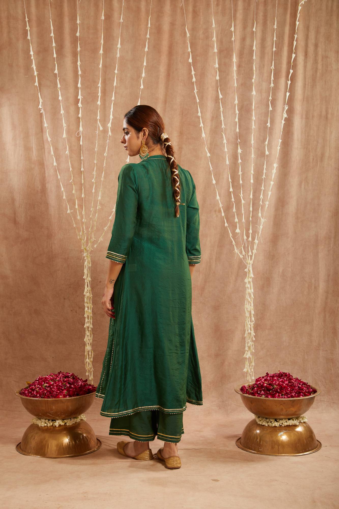 Emerald Green Gota Chanderi Kurta with
Wide Leg Pants