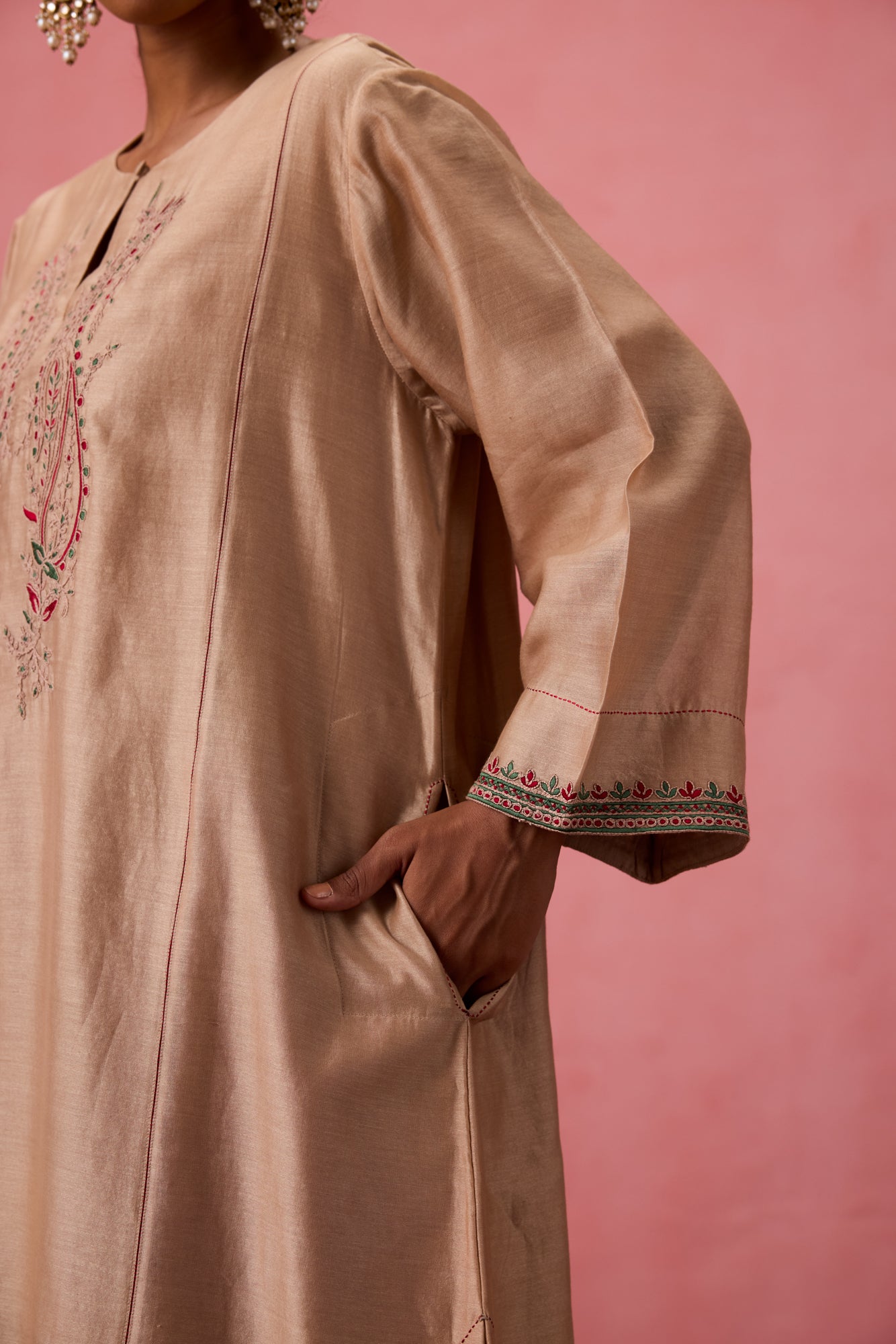 Champagne chanderi dori work and resham embroidered kurta paired with pant & organza dupatta