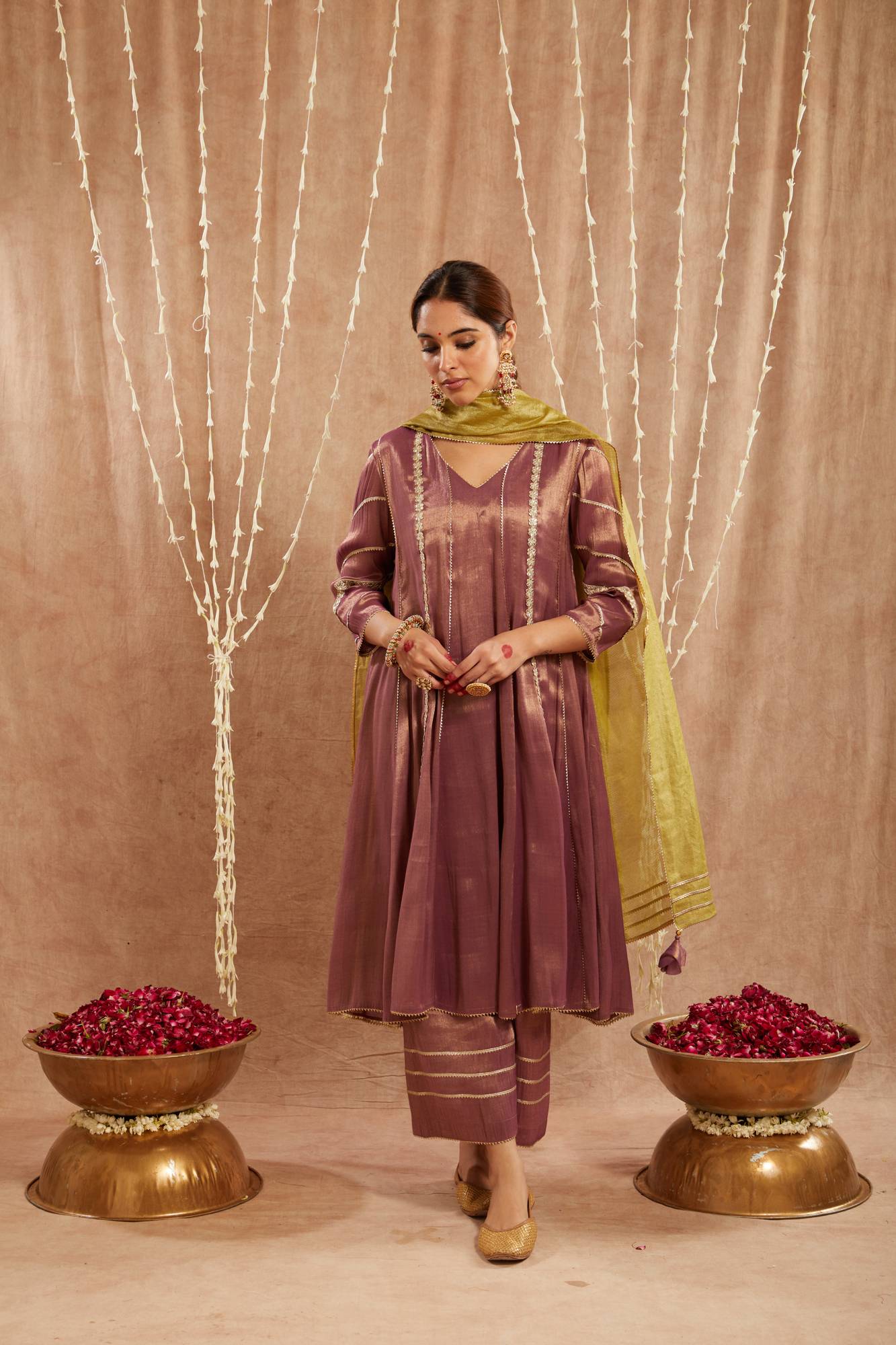 Purple Floral Gota Tissue Anarkali with Wide Leg Pants