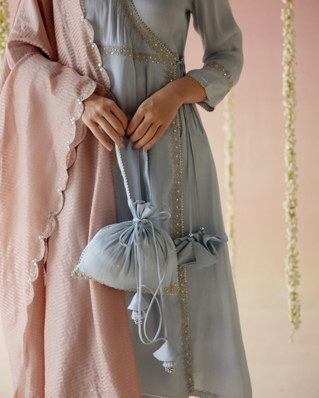 Glory Blue Tissue Angarakha with
Narrow Pants & Dupatta - Set of 3