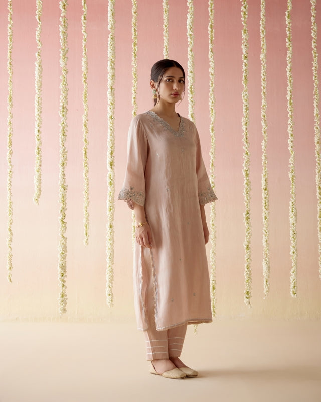Old Rose Tissue Kurta with 
Narrow Pants & Dupatta - Set of 3