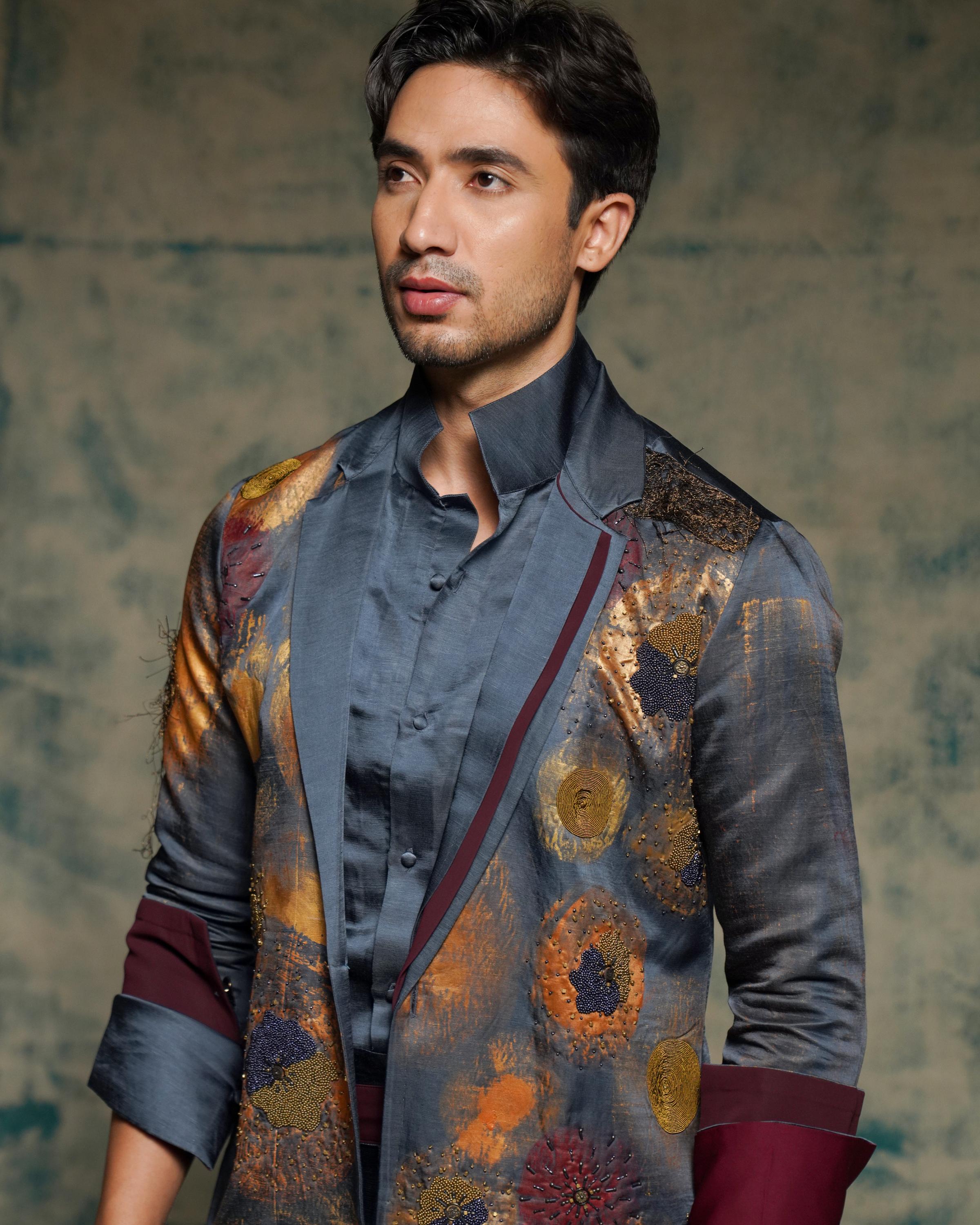 Charcoal Blue Hand painted concept blazer set