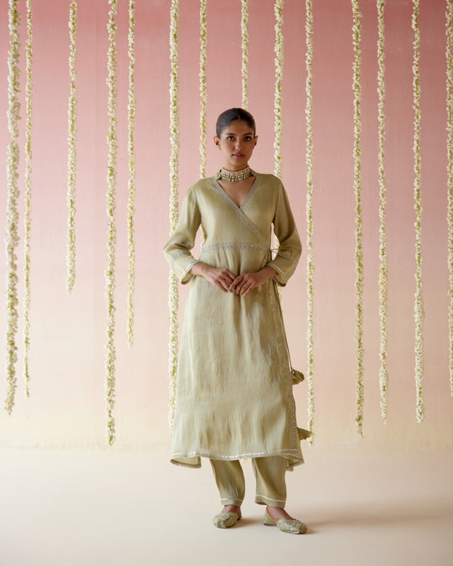 Moss Green Tissue Angarakha with Narrow Pants & Dupatta set - Set of 3