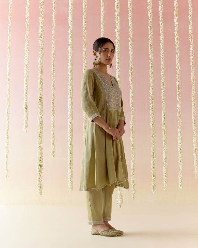 Moss Pearl Tissue Anarkali with
narrow Pants & Dupatta - Set of 3