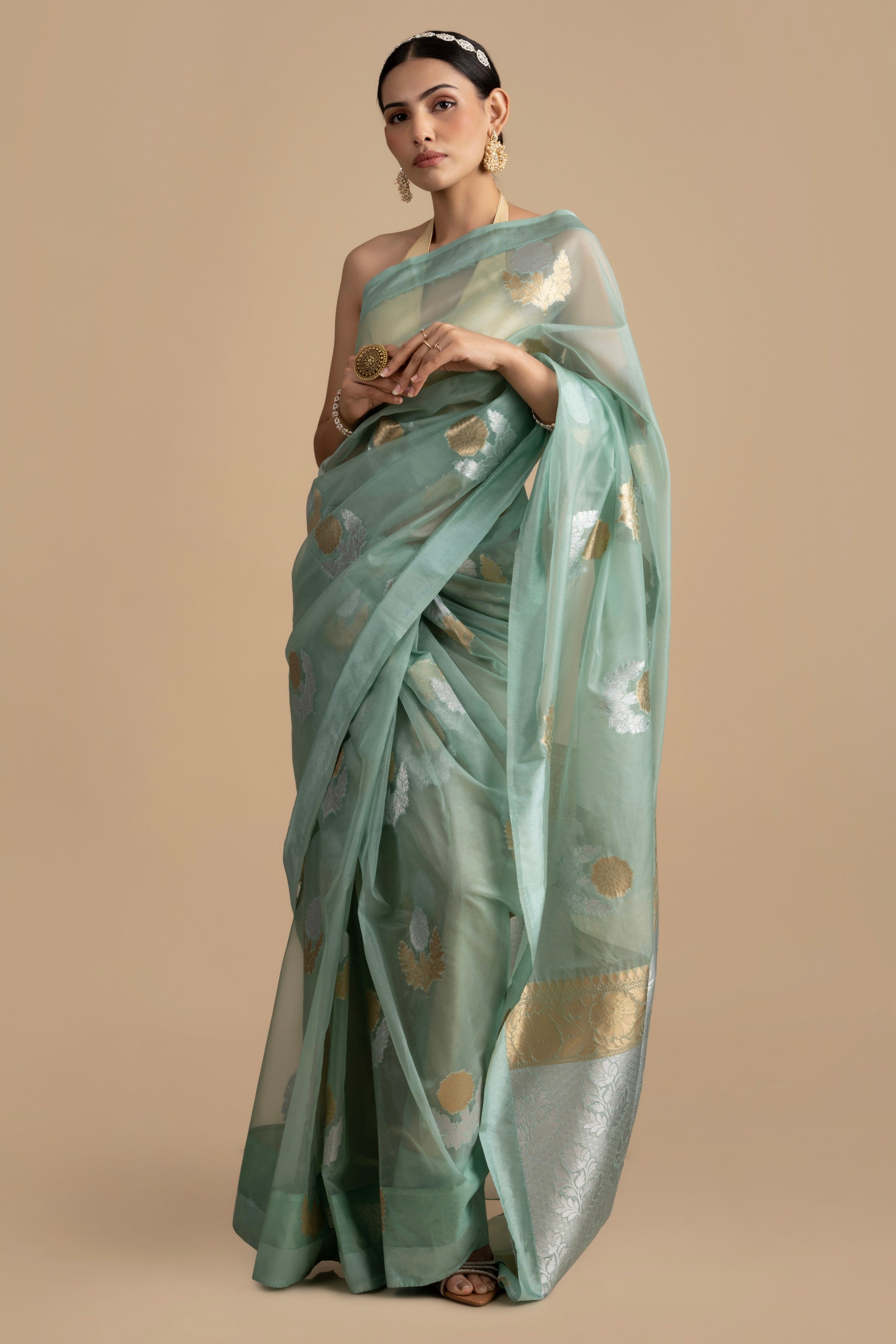 Sky Blue Organza Silk banarasi Handlooom Saree