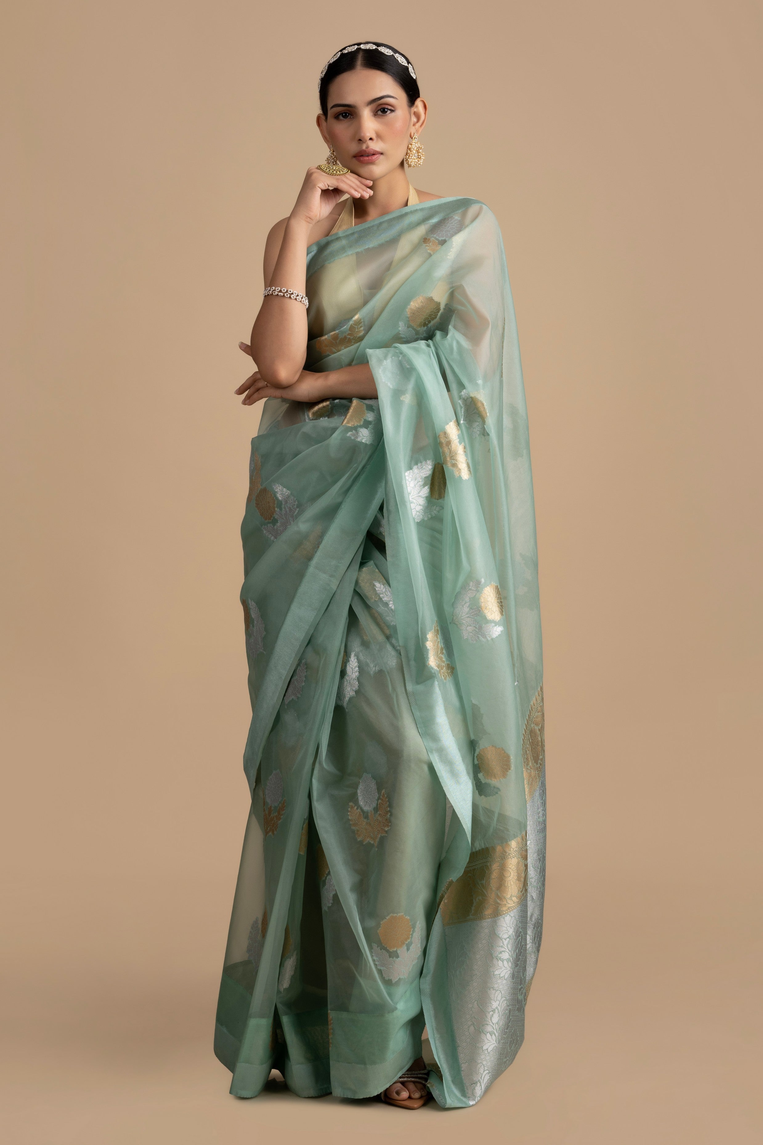 Sky Blue Organza Silk banarasi Handlooom Saree