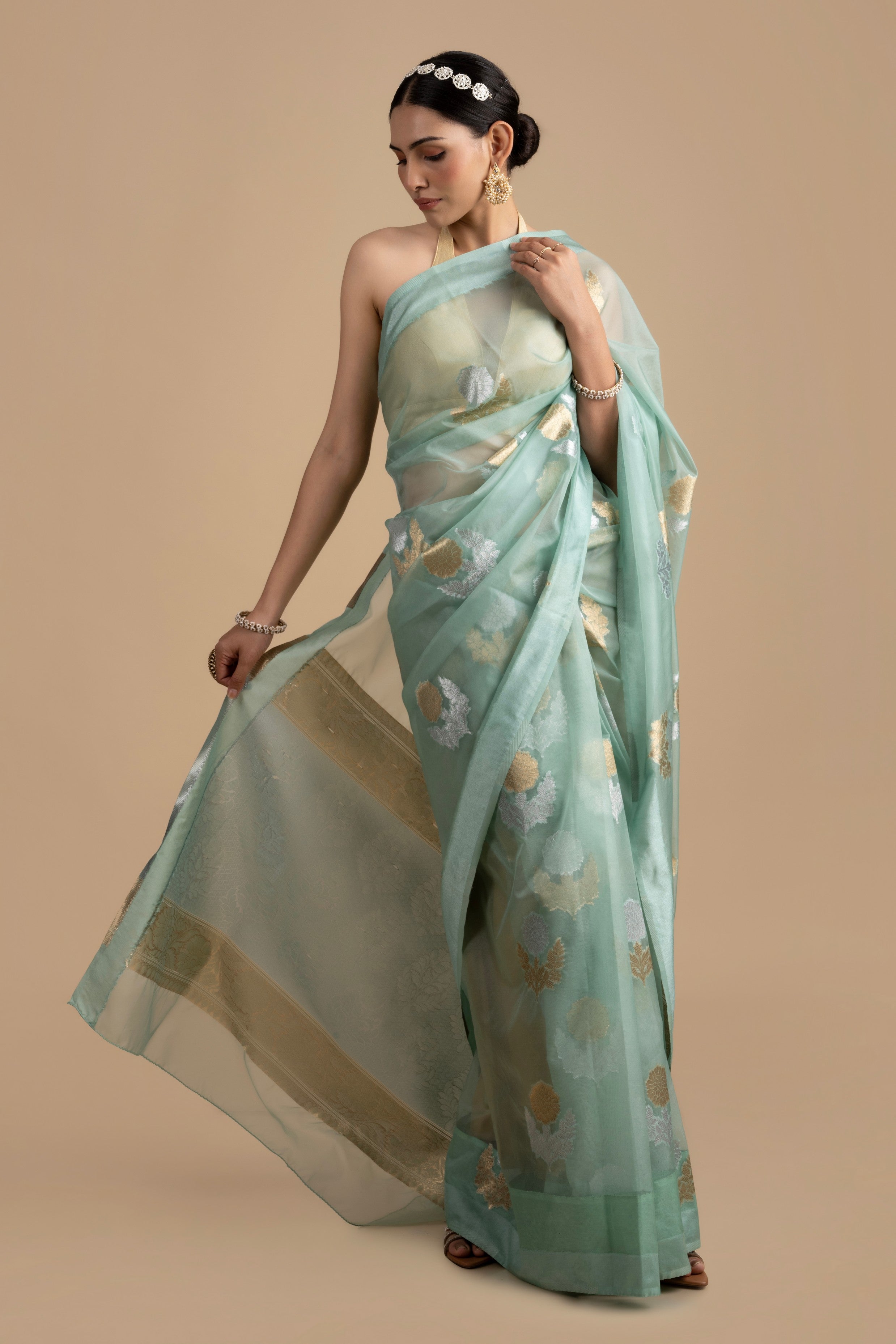 Sky Blue Organza Silk banarasi Handlooom Saree