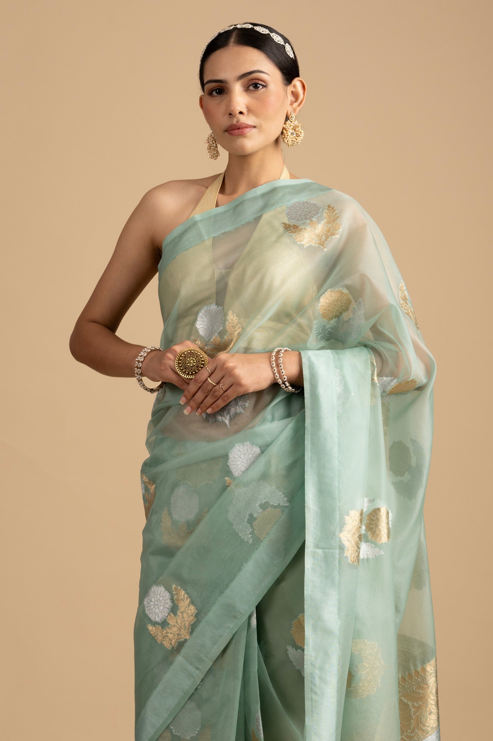 Sky Blue Organza Silk banarasi Handlooom Saree
